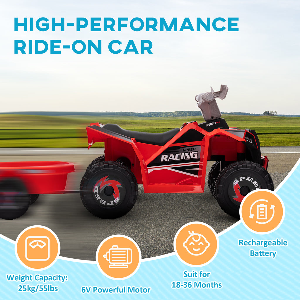 6V Electric Toy Car with Back Trailer, Forward Backward, Wear-Resistant Wheels for Ages 18-36 Months, Red