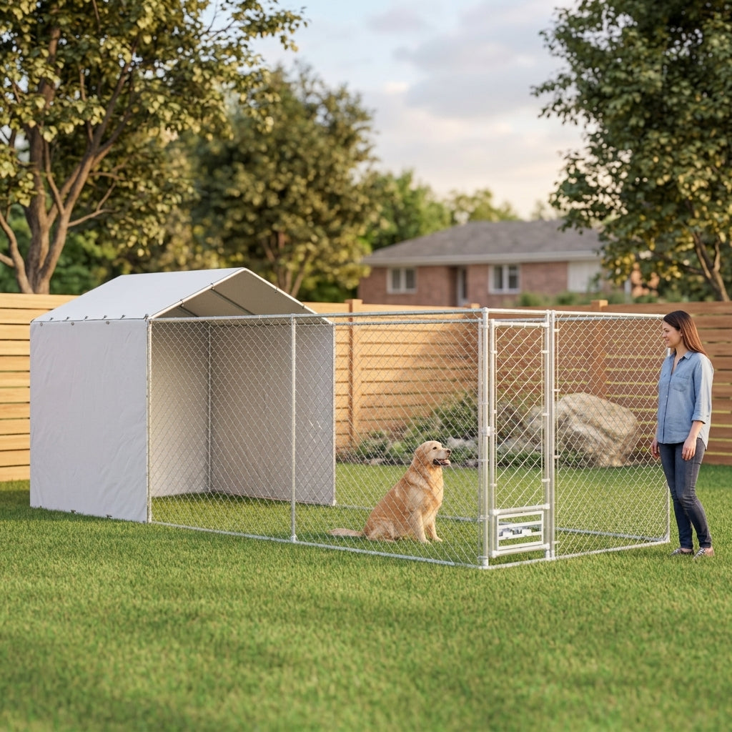Galvanized Chain Link Large Outdoor Dog Kennel with Waterproof & UV-Resistant Cover, for M&L Dogs, 19.7' x 7.5' x 7.5'