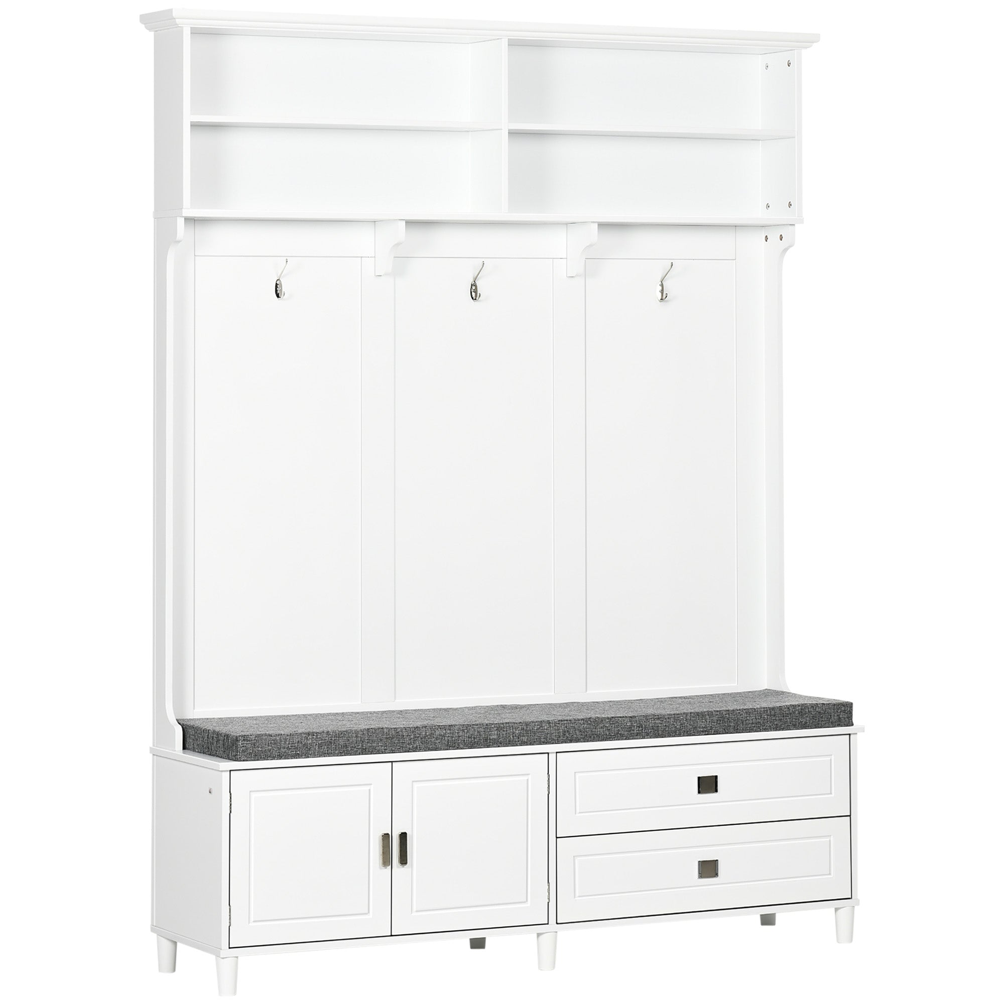 Hall Tree with Storage Bench, Entryway Bench with Coat Rack, Accent Coat Tree with Storage Shelves, White