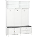 Hall Tree with Storage Bench, Entryway Bench with Coat Rack, Accent Coat Tree with Storage Shelves, White