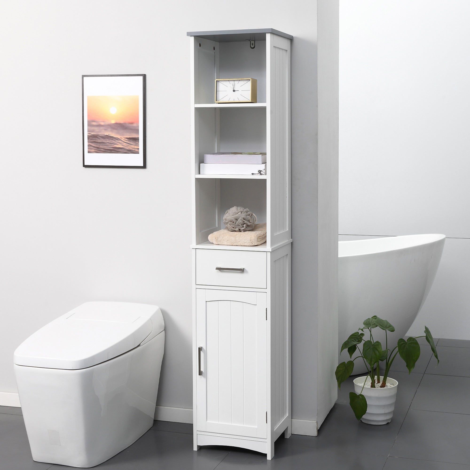 Tall Bathroom Storage Cabinet, Narrow Bathroom Cabinet with 3 Tier Shelving, Drawer and Adjustable Shelves, Slim Freestanding Linen Tower, White