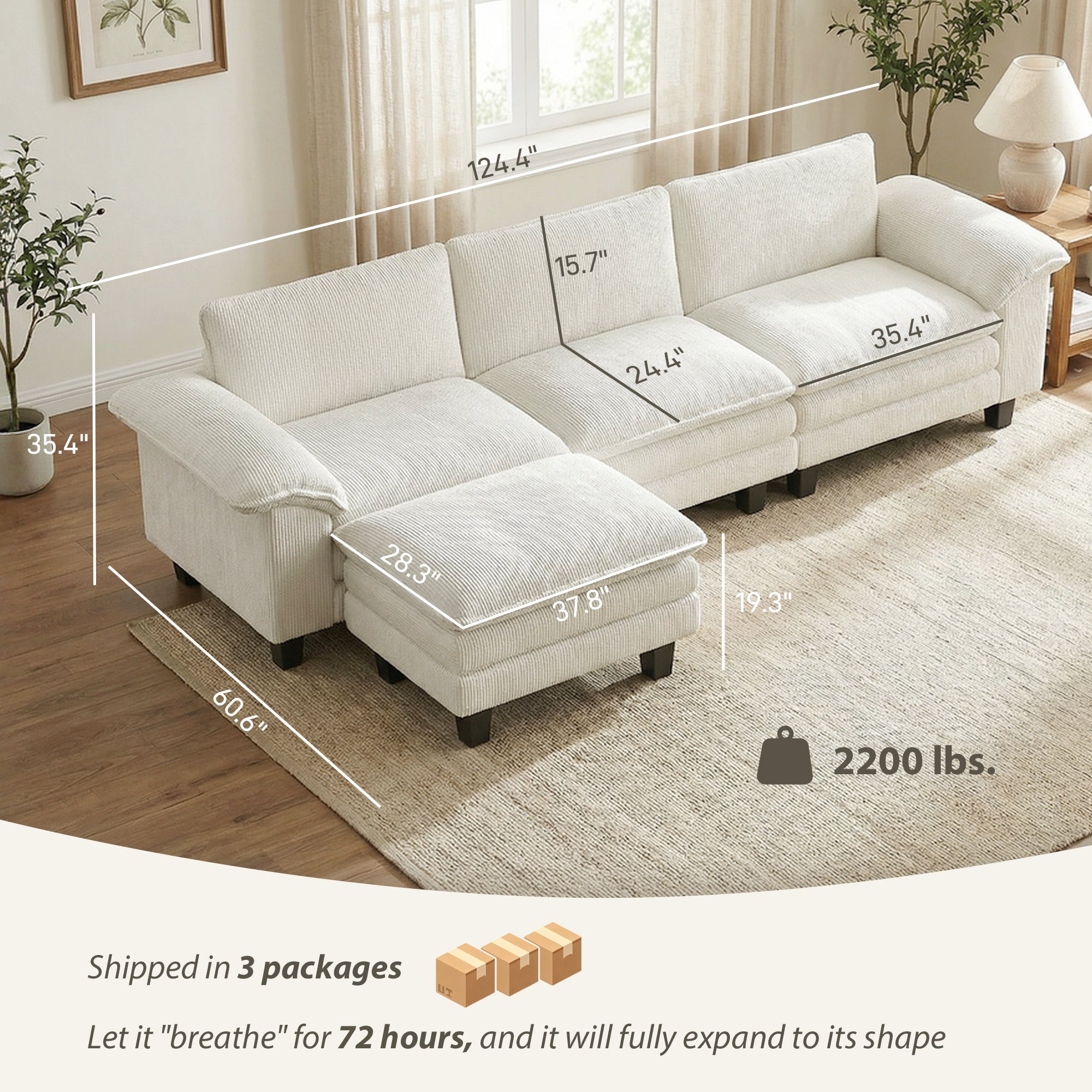 Sectional Sofa, L Shaped Couch with Deep Seat, Movable Ottoman and Pillow-top Armrests, Beige