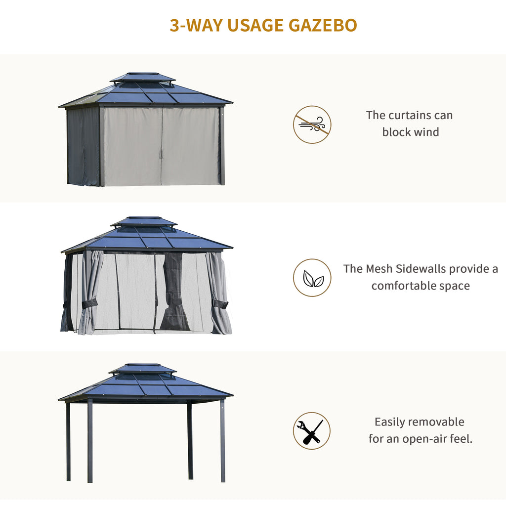 10' x 12' Hardtop Gazebo Canopy with Polycarbonate Roof, Aluminum Frame, Permanent Pavilion Outdoor Gazebo with Netting, for Patio, Garden, Backyard, Deck, Lawn, Light Gray