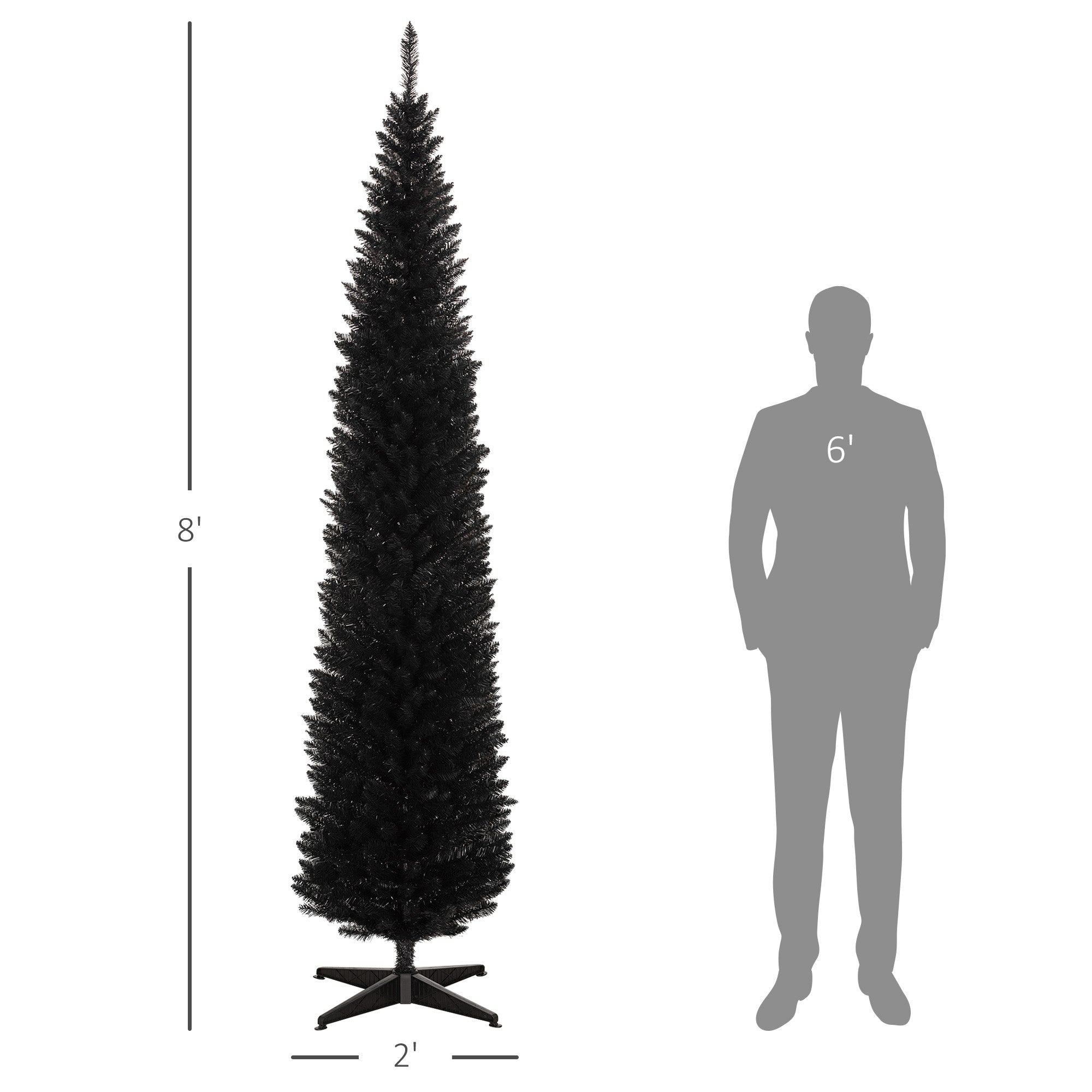 8ft Unlit Pencil Artificial Christmas Tree with Realistic Branches and 618 Tips, Plastic Base, Black