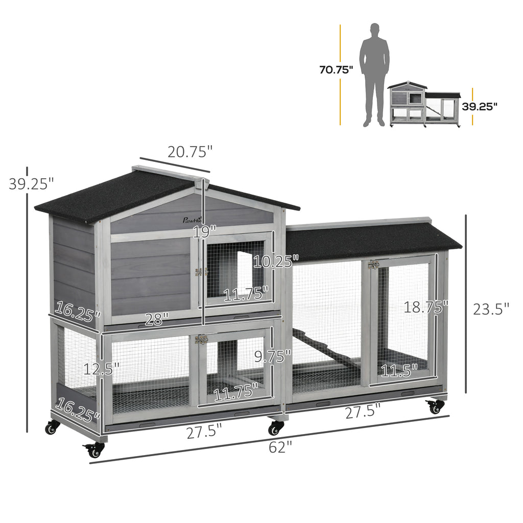 62" Wooden Mobile Rabbit Hutch with Wheels, Run Box, Slide-out Tray, Ramp