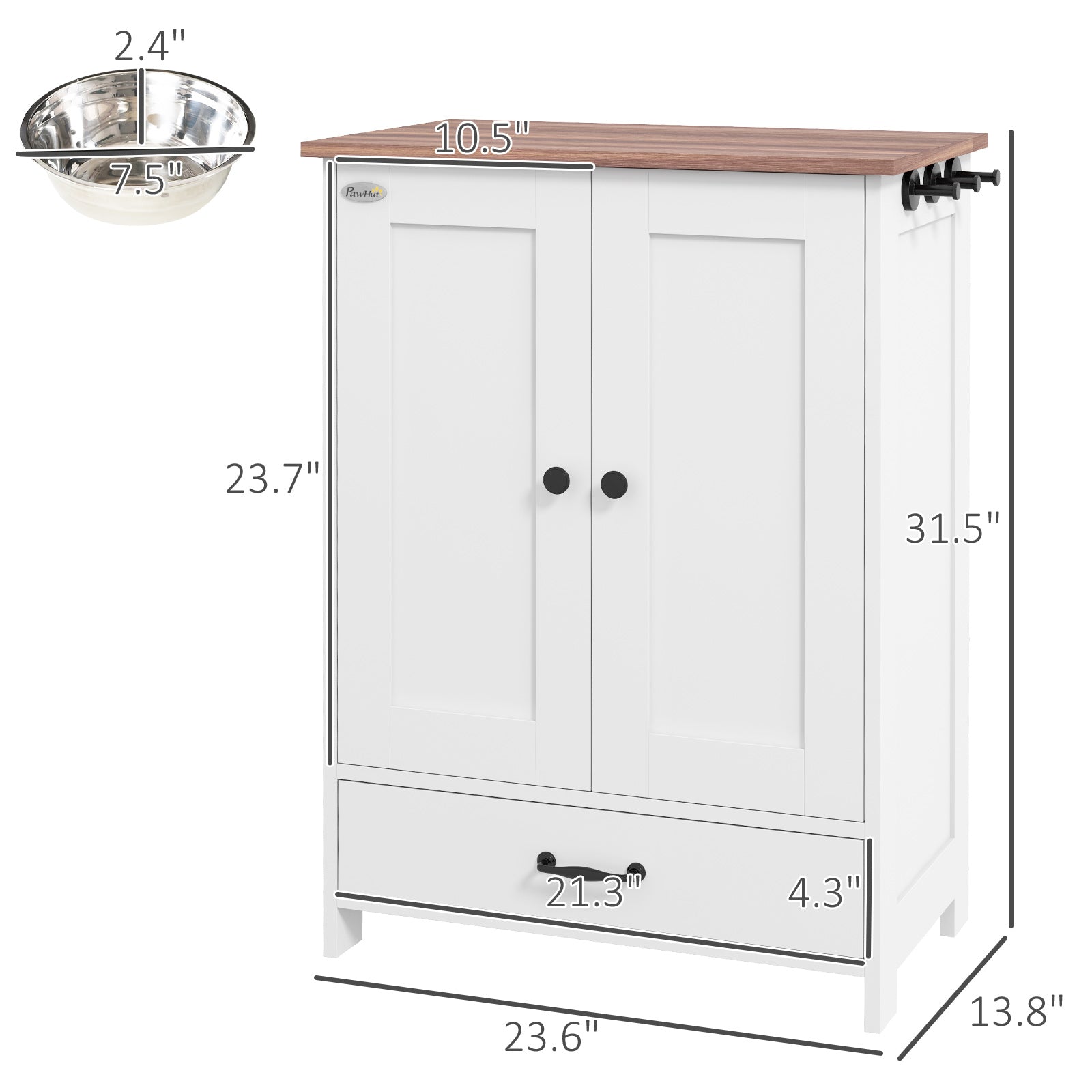 Pet Feeding Station, Dog Food Storage Cabinet w/ Raised Dog Bowls, Adjustable Panel, Hooks for Medium Dogs, White