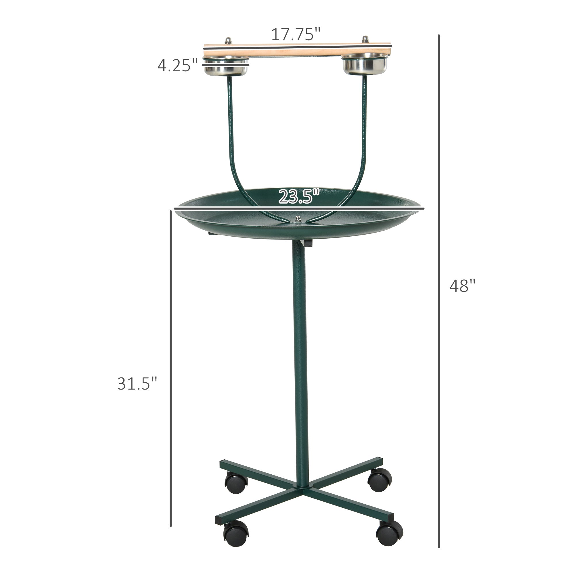 48" Rolling T-Stand, Parrot Stand, Bird Training Activity Playground With Wheels and Perch,, Bird Play Perch, Green