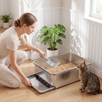 Stainless Steel Litter Box, XL Sifting Cat Litter Box for Medium, Large Cat, Non-Sticky, Odour Free, Easy Clean, Silver