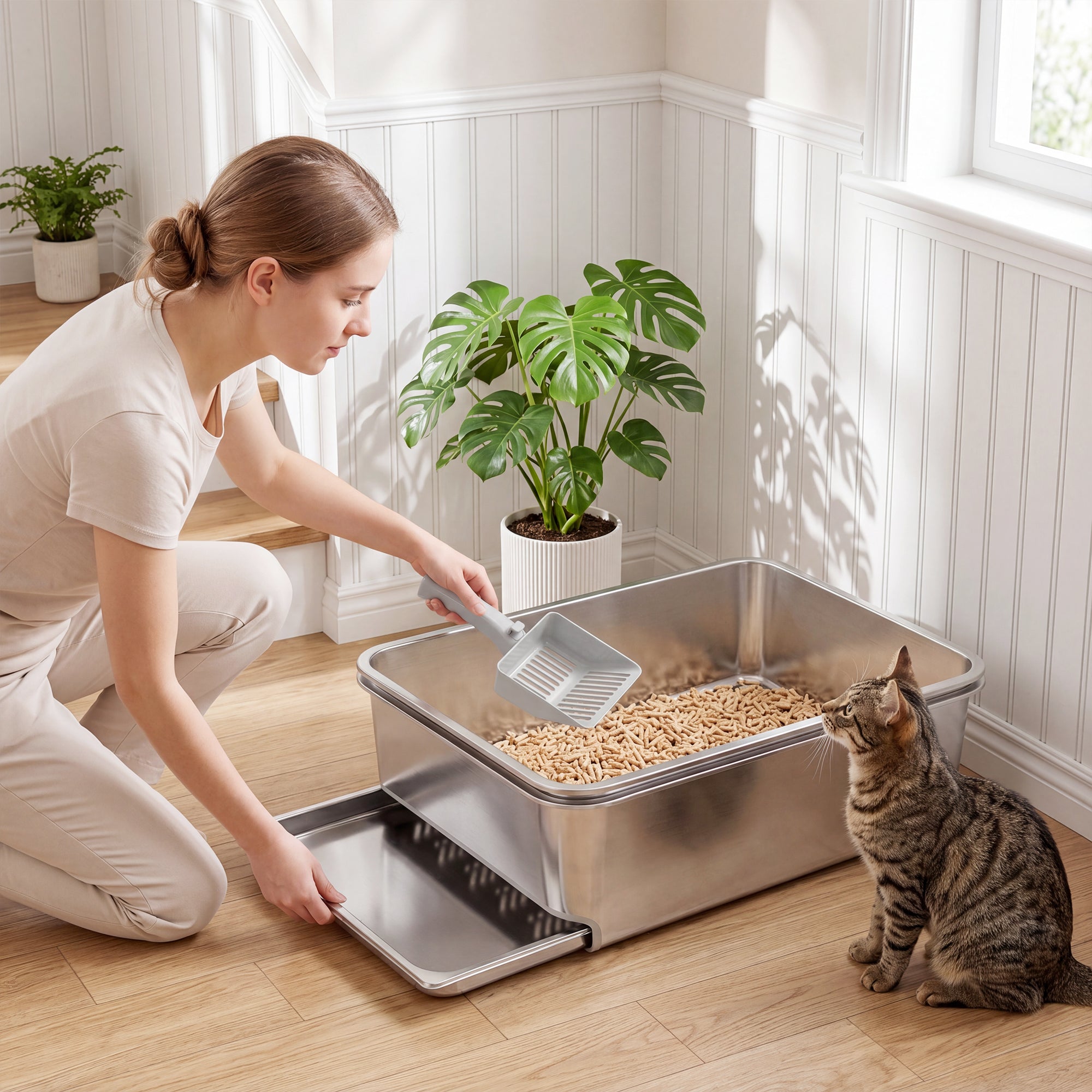 Stainless Steel Litter Box, XL Sifting Cat Litter Box for Medium, Large Cat, Non-Sticky, Odour Free, Easy Clean, Silver