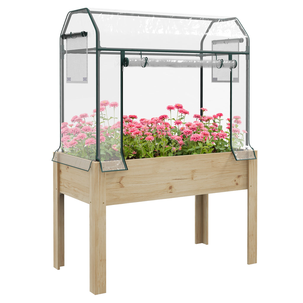 Raised Garden Bed with Plastic Greenhouse Cover Outdoor Planter Box for Herbs and Vegetables, 45x24x65 inch Natural