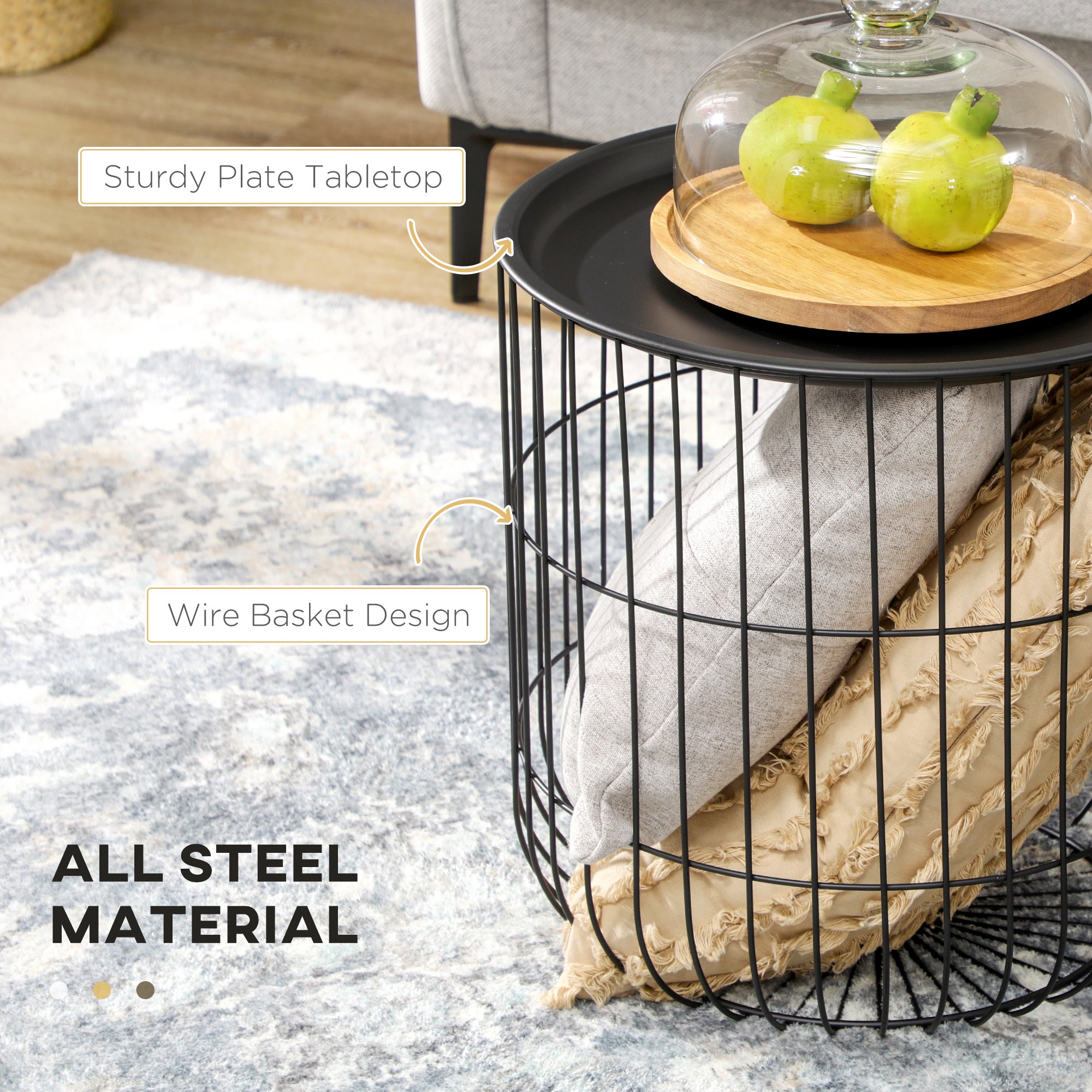 Coffee Table Set, Nest of Coffee Tables with Steel Wired Basket Body and Removable Top for Living Room, Black