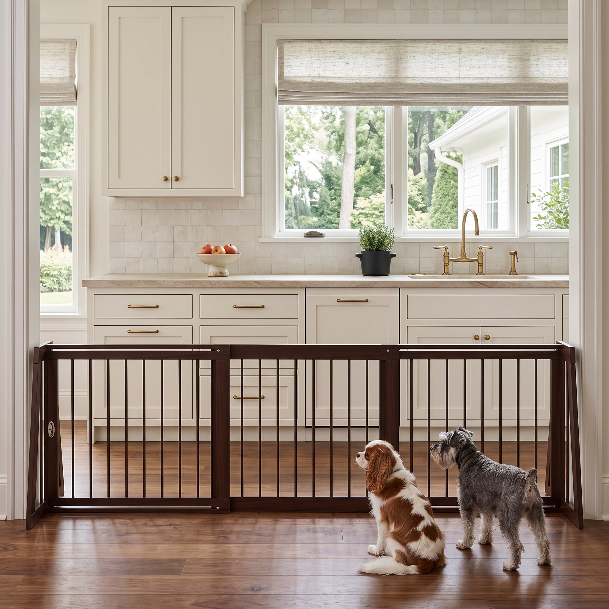 28"-75" Freestanding Wooden Pet Gate with Support Feet & Non-Slip Mats for Indoor, Stairway, Doorway, Brown