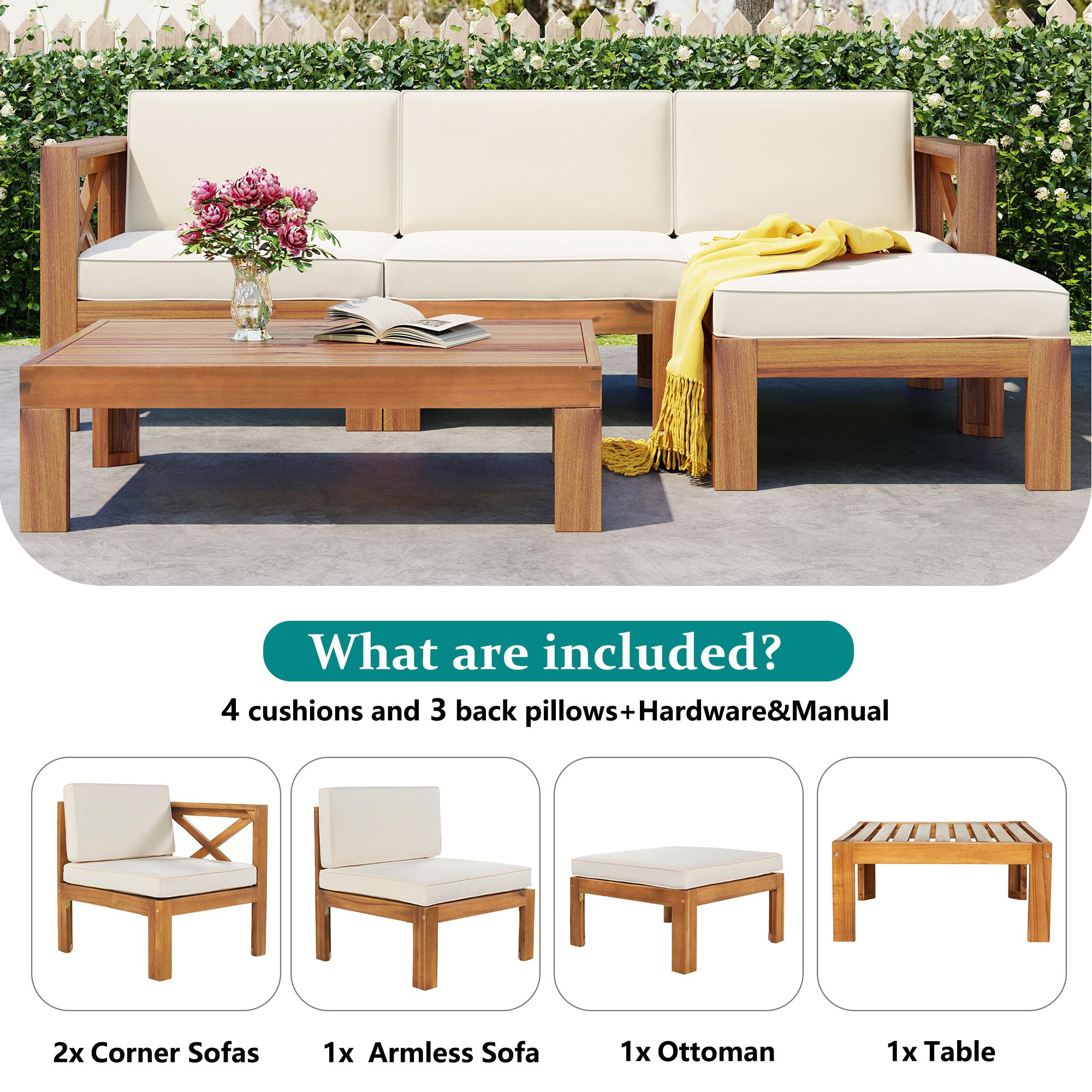 Casual Outdoor Sectional Sofa with Wood Frame & Cushions, Patio Seating Group for Backyard, 25.5" L x 25.5" W x 25.5" H, Beige