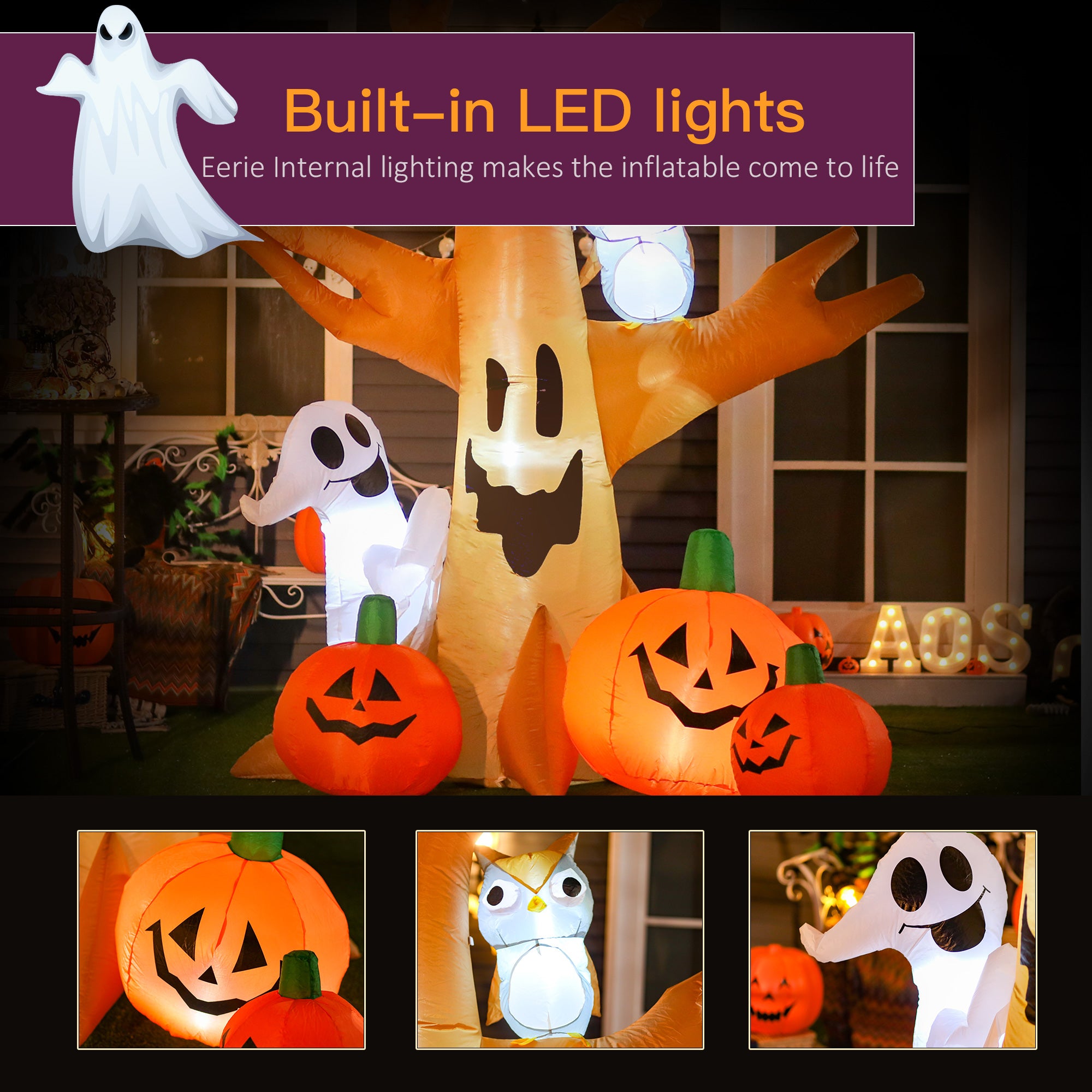 7.5' Tall Lighted Halloween Inflatables Outdoor Decorations Haunted Tree With Owl, Ghost, Pumpkins, Blow Up LED Yard Decor for Garden, Lawn, Party, Holiday, Waterproof