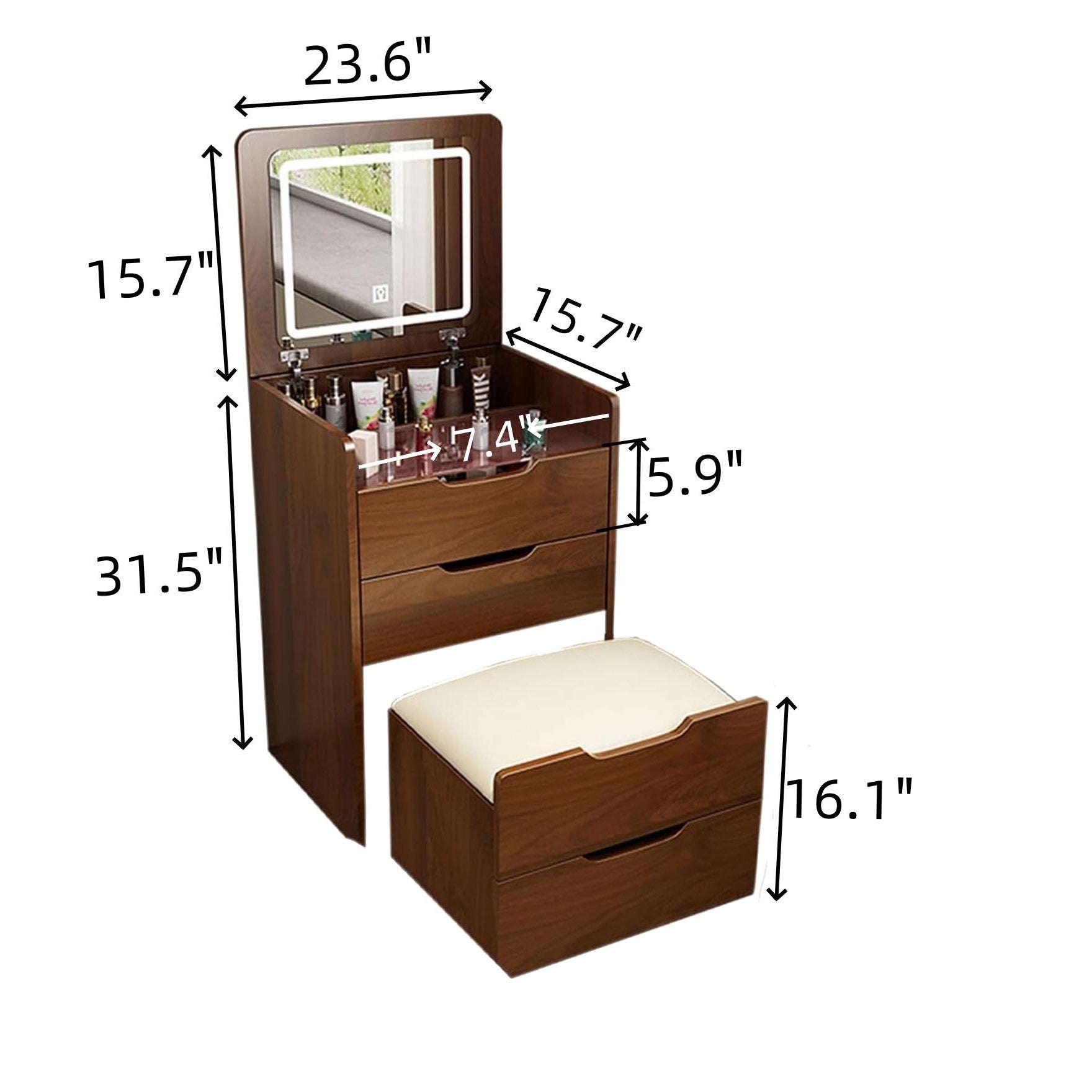 3-in-1 Vanity Desk with Flip Top Mirror, Dressing Table, Compact Makeup Vanity Set with Visible Glass Desktop, 23.5" L x 16" W x 31.5" H, Walnut
