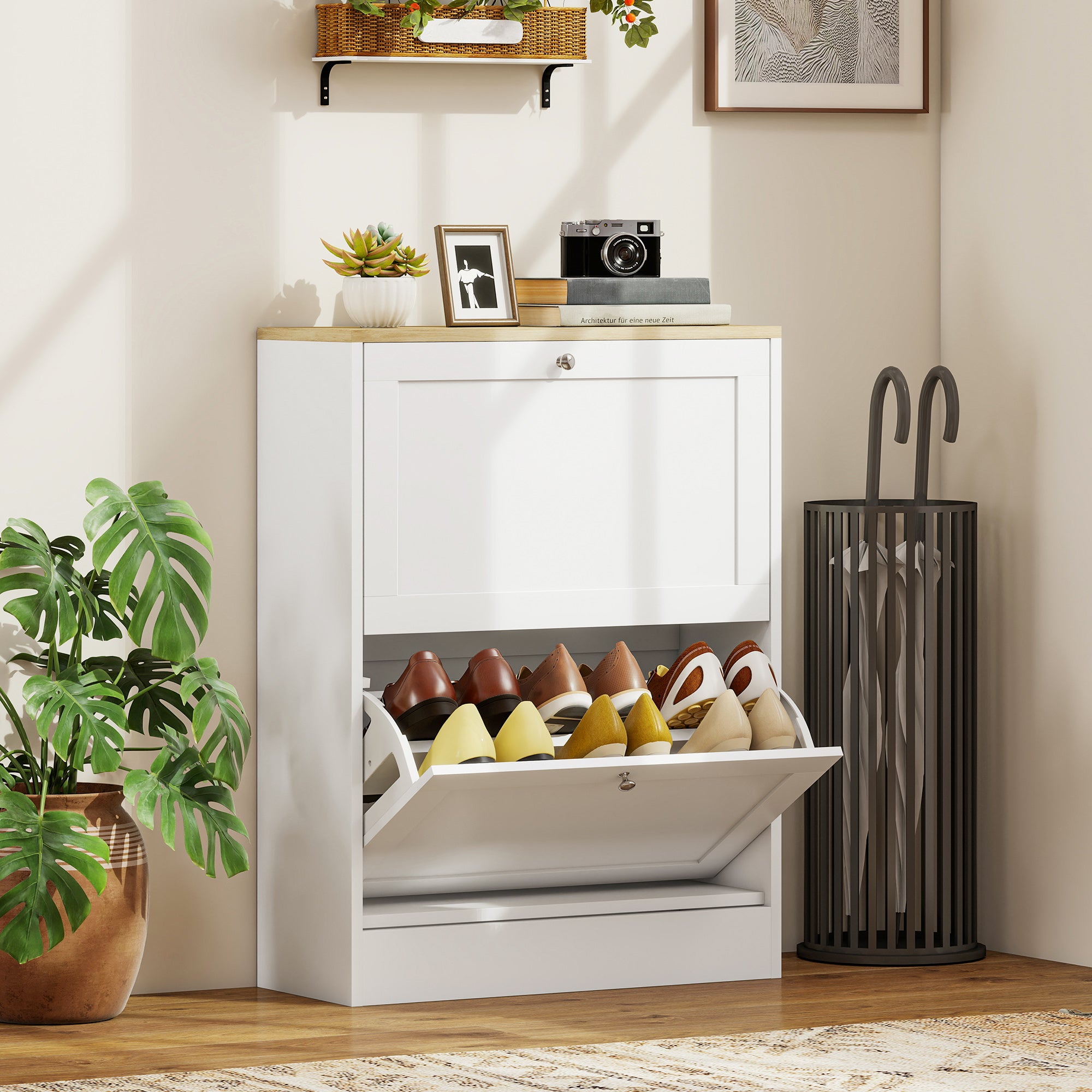 Slim Shoe Storage Cabinet, Modern Shoe Cabinet with 2 Flip Drawers and Adjustable Shelves for 8-12 Pairs, White