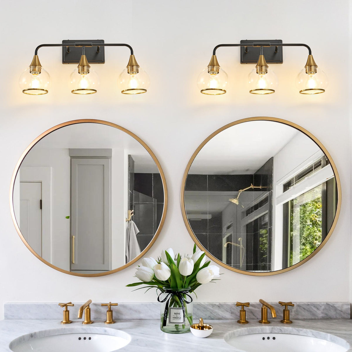23" Industrial 3-Light Vanity Wall Sconce with Clear Glass Shades, Wall Mounted Lamp for Bathroom, Bedroom, 23" L x 8" W x 11" H, Black+Gold