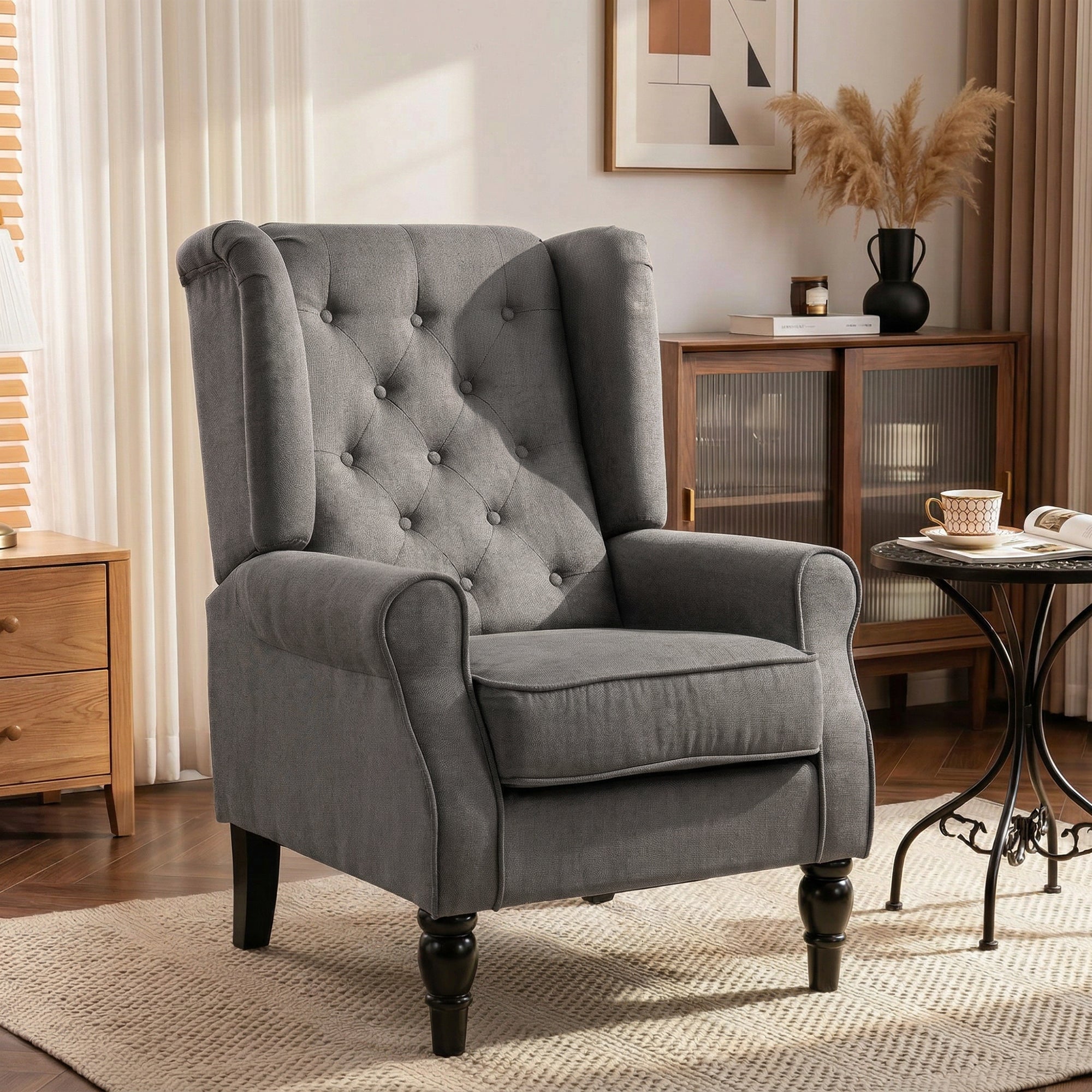 Wingback Accent Chair for Living Room, Button-Tufted Lounge Chair with Round Armrests and Wood Legs, Dark Gray