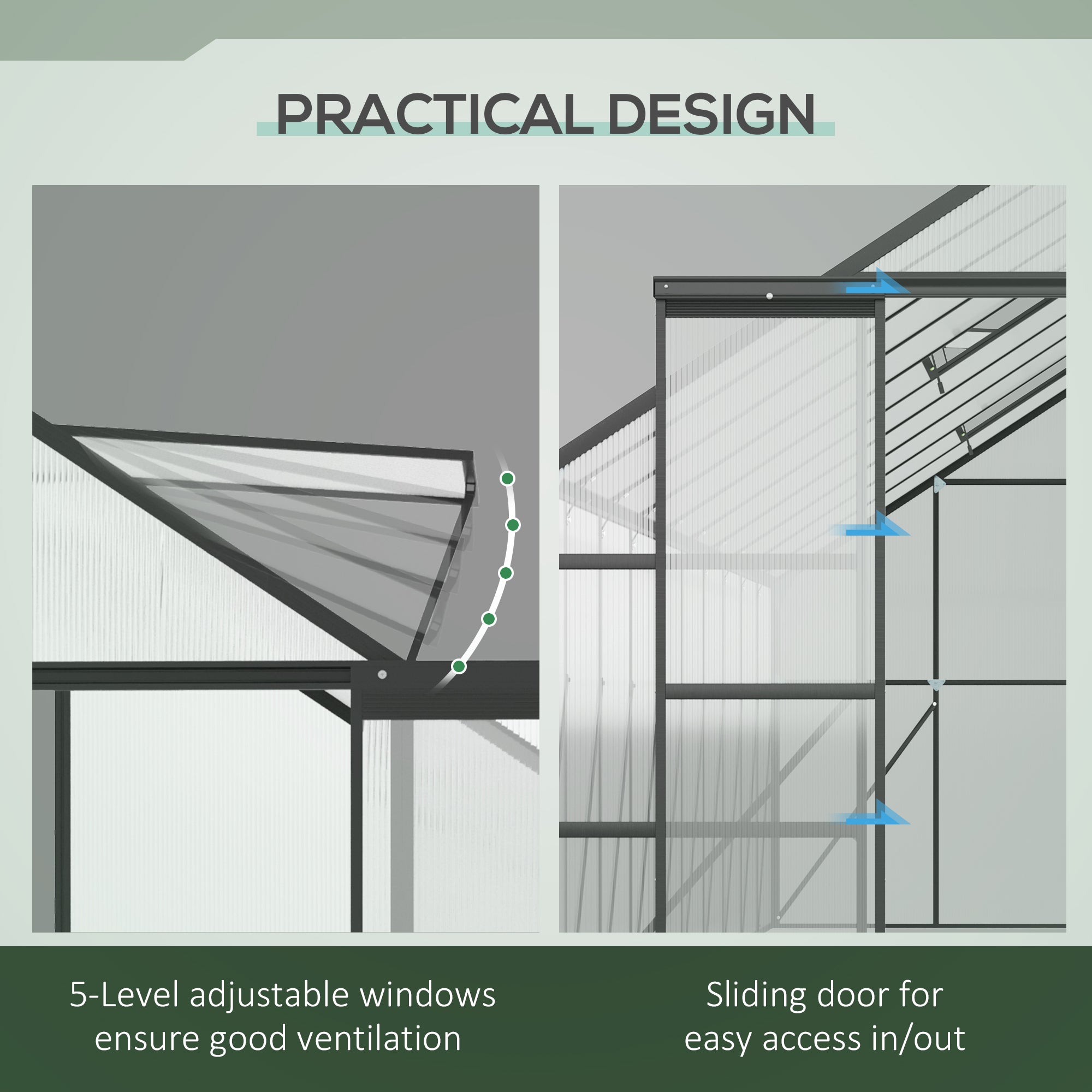20' x 8' Aluminum Greenhouse Polycarbonate Walk-in Garden Greenhouse Kit with Adjustable Roof Vent, Rain Gutter and Sliding Door for Winter, Clear