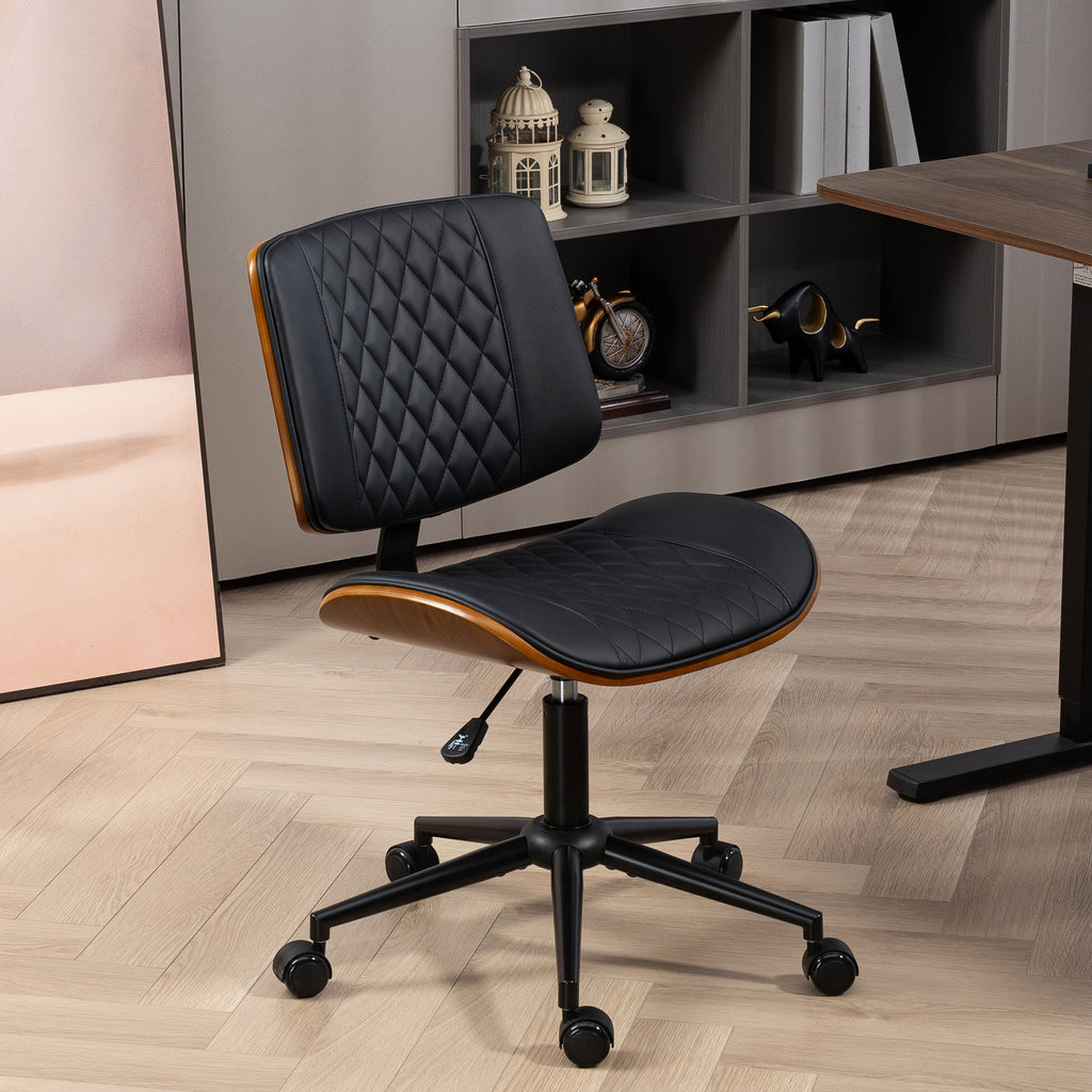 Home Office Chair No Arms with Wheels, PU Leather Desk Chair with Adjustable Height, 360 Swivel for Reading, Black