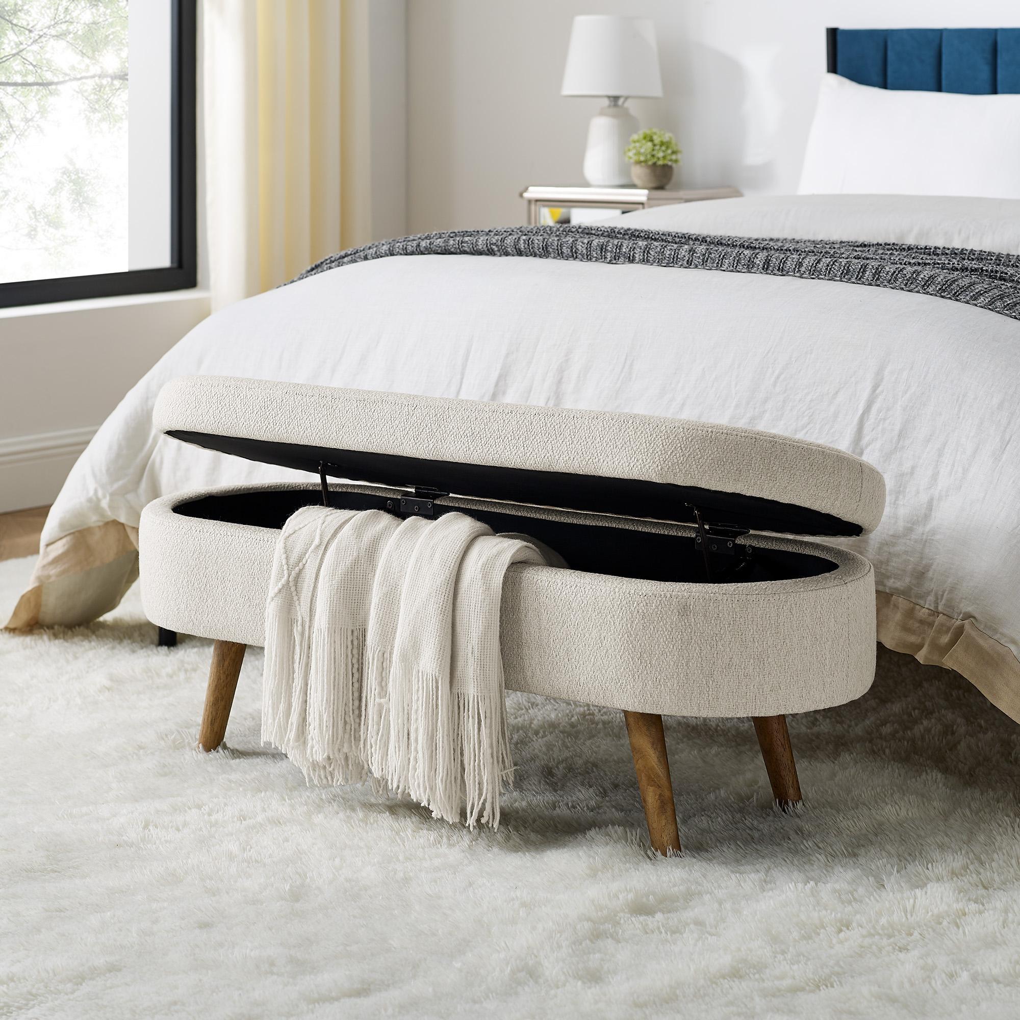 Oval Storage Ottoman Bench with Pleated Linen Fabric, Hidden Storage Footstool with Handmade Rubberwood Legs, 43.5" L x 16" W x 16" H, Beige
