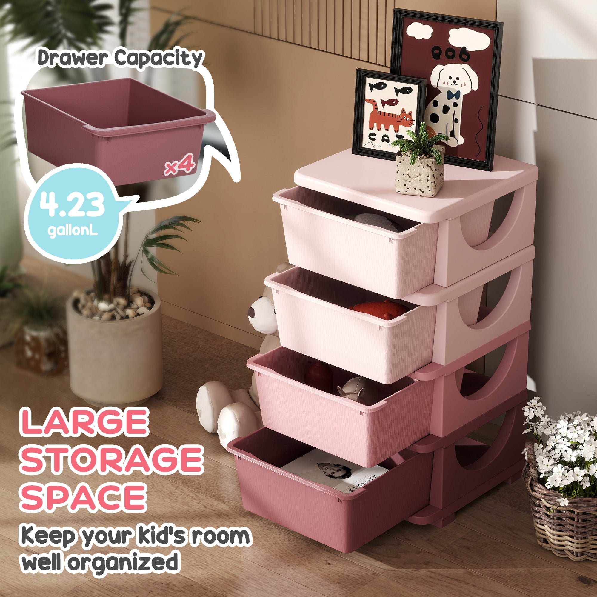 30" 4 Tier Kids Storage Unit Dresser Tower w/ 4 Drawers, Pink