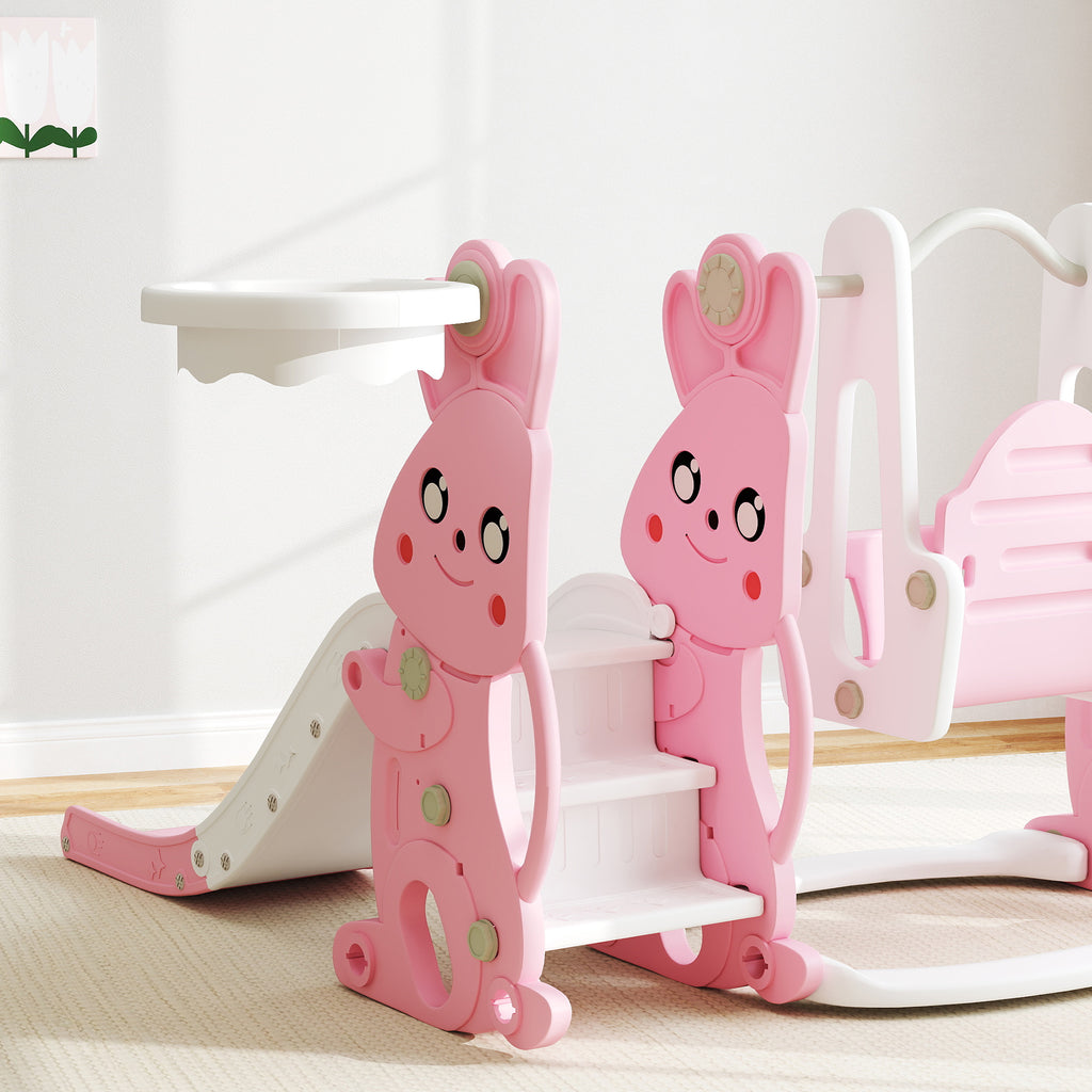 4 in 1 Toddler Slide and Swing Set with Climber, Basketball Hoop, Rabbit Themed Kids Playset for Ages 1.5-4, Pink