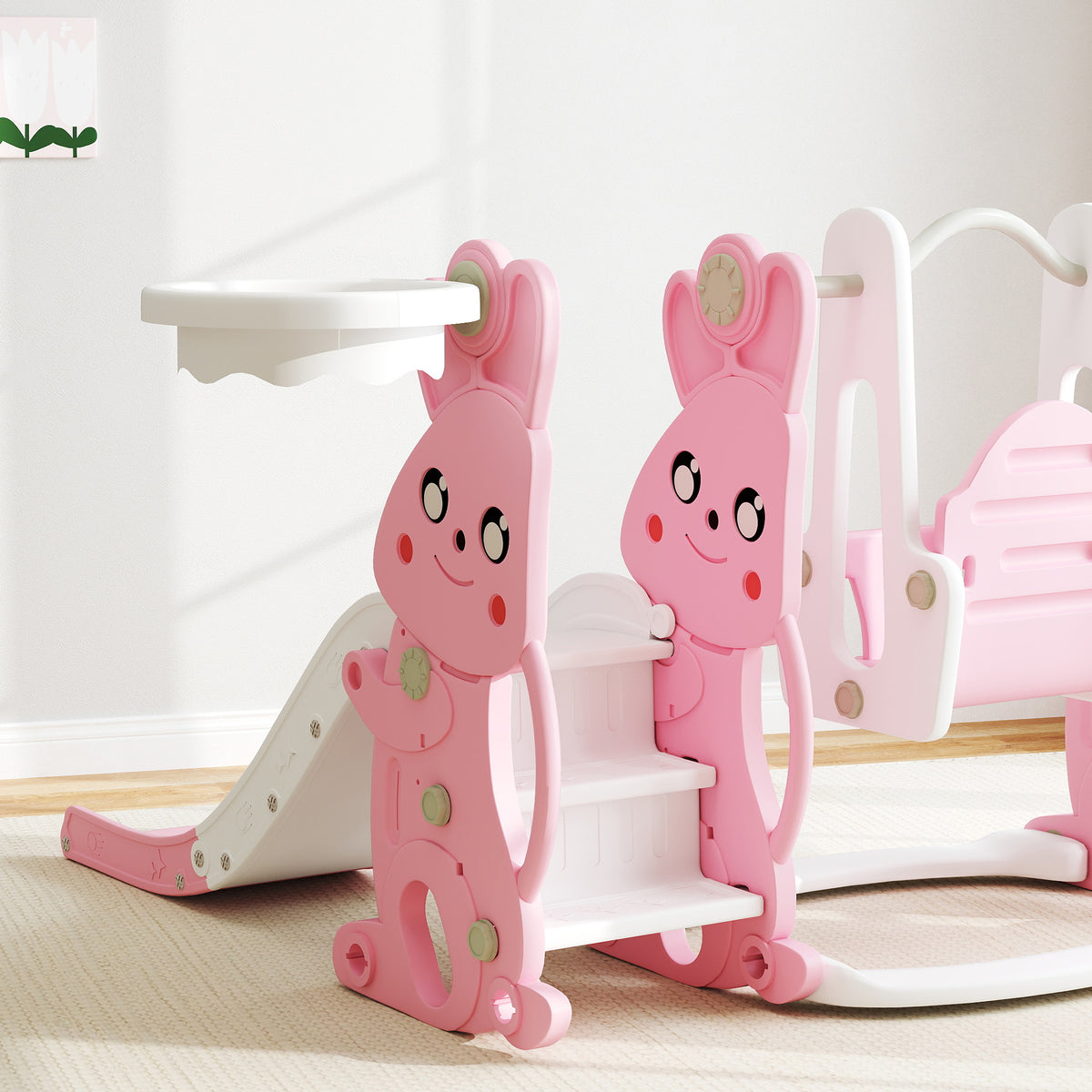 4 in 1 Toddler Slide and Swing Set with Climber, Basketball Hoop, Rabbit Themed Kids Playset for Ages 1.5-4, Pink