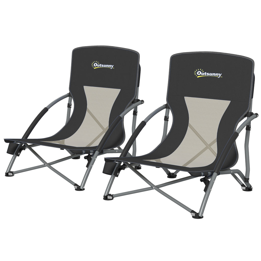 Set of 2 Folding Beach Chairs with Mesh Back, Carry Bag and Cup Holder for Outdoor Camping Lawn Sports Picnic, Black