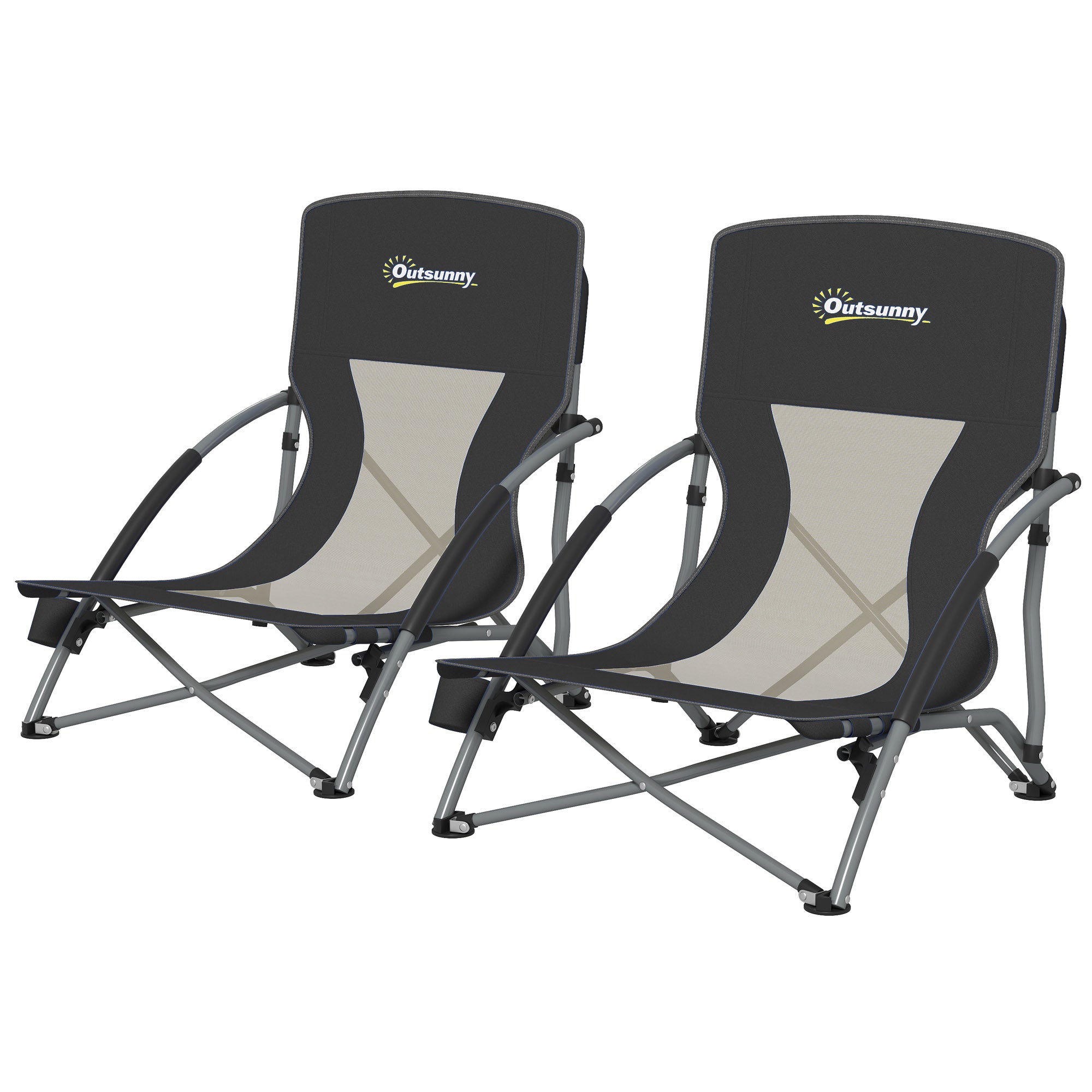 Set of 2 Folding Beach Chairs with Mesh Back, Carry Bag and Cup Holder for Outdoor Camping Lawn Sports Picnic, Black