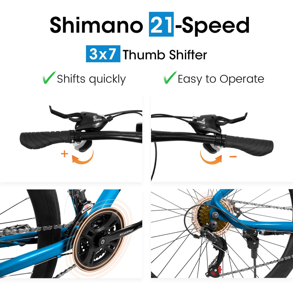 21-Speed 700C Wheels Hybrid Road Bike for Adults, Steel Frame with Dual-Disc Brakes, 85% Pre-Assembled, 68" L x 27.5" W x 37.5" H, Black+Blue
