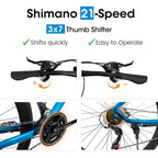 21-Speed 700C Wheels Hybrid Road Bike for Adults, Steel Frame with Dual-Disc Brakes, 85% Pre-Assembled, 68" L x 27.5" W x 37.5" H, Black+Blue