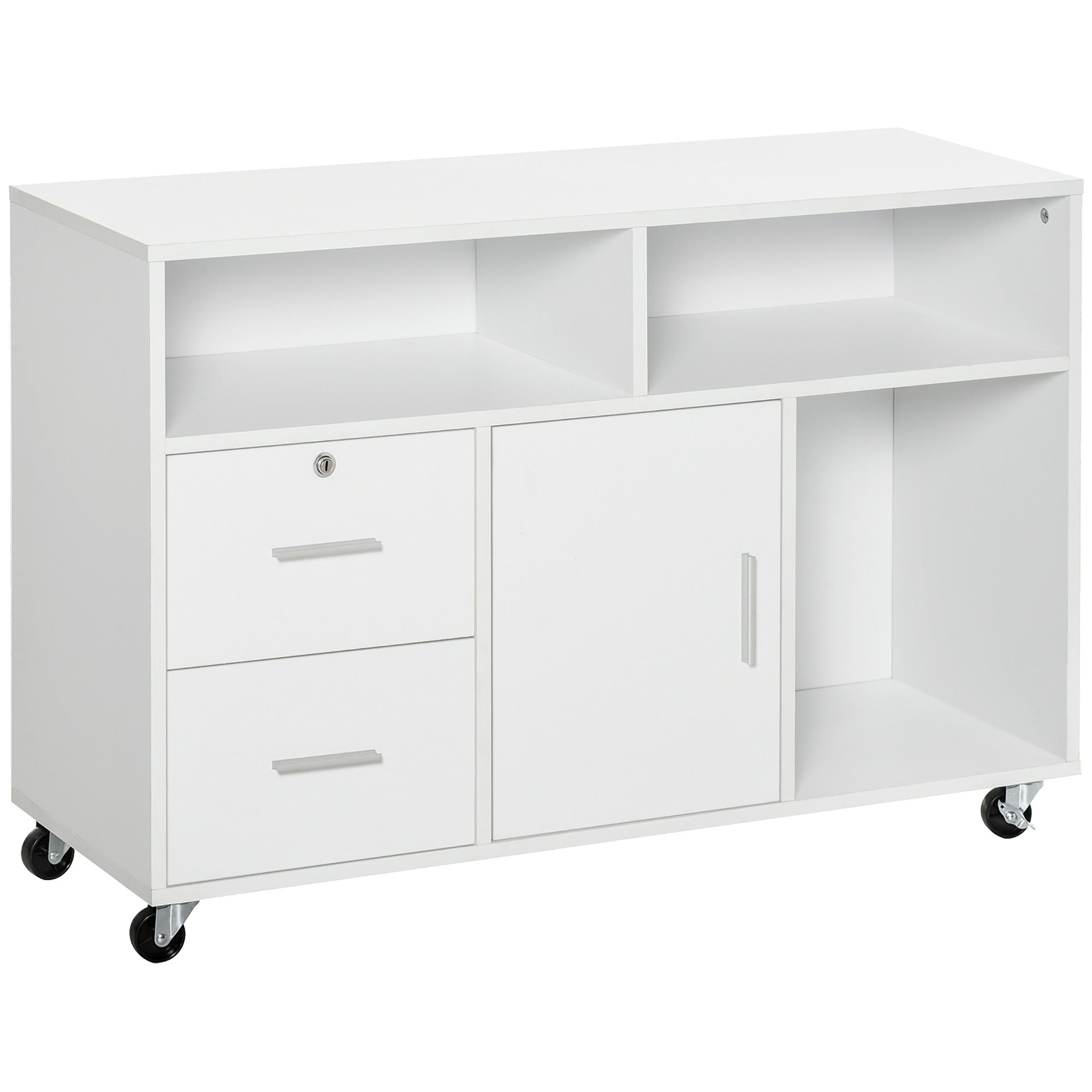 Printer Stand Home Office Mobile Storage Cabinet Organizer Desktop with Caster Wheels, 2 Locking Breaks and Drawer, White