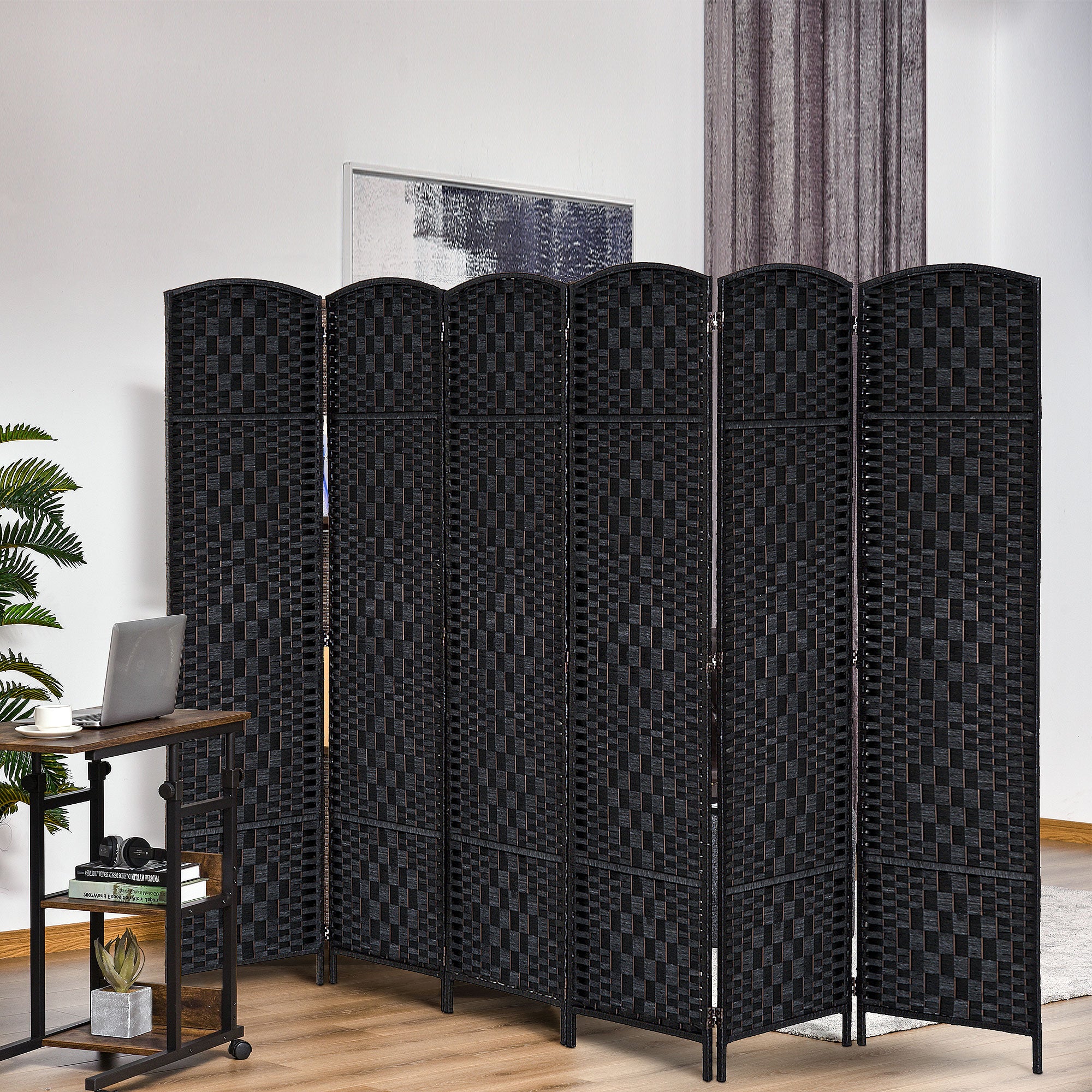 Room Divider 6 Panel, 6FT Tall Folding Privacy Screen, Freestanding Hand-Woven Partition for Room Separation with 360° Hinges, Paper Rope Diamond Weave, Black
