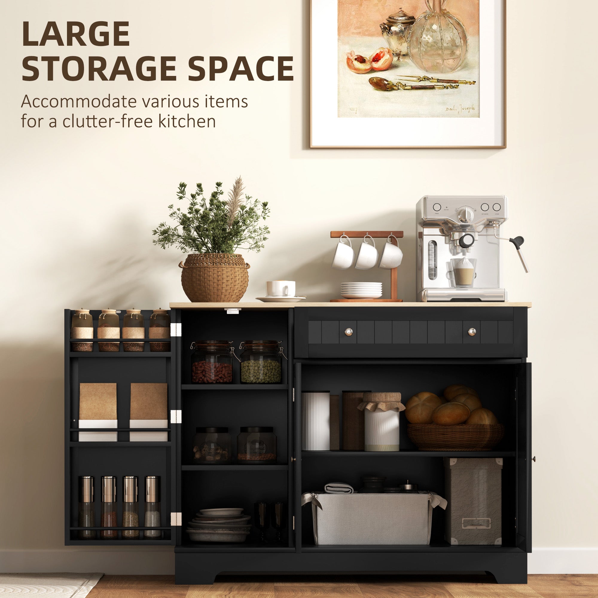 Modern Sideboard Cabinet, 41" Kitchen Buffet Cabinet with Drawer, Adjustable Shelf, 3 Doors for Dining Room, Black