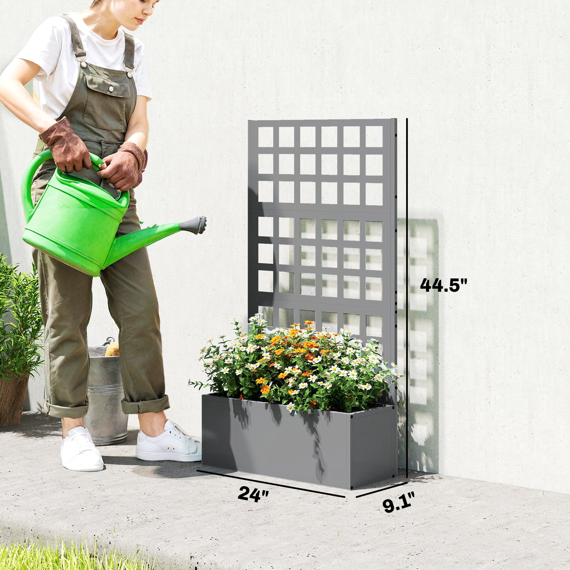 Galvanized Raised Garden Bed Planter Box with Trellis for Climbing Plants, Vegetable, Vines, 24" x 9" x 44.5", Gray