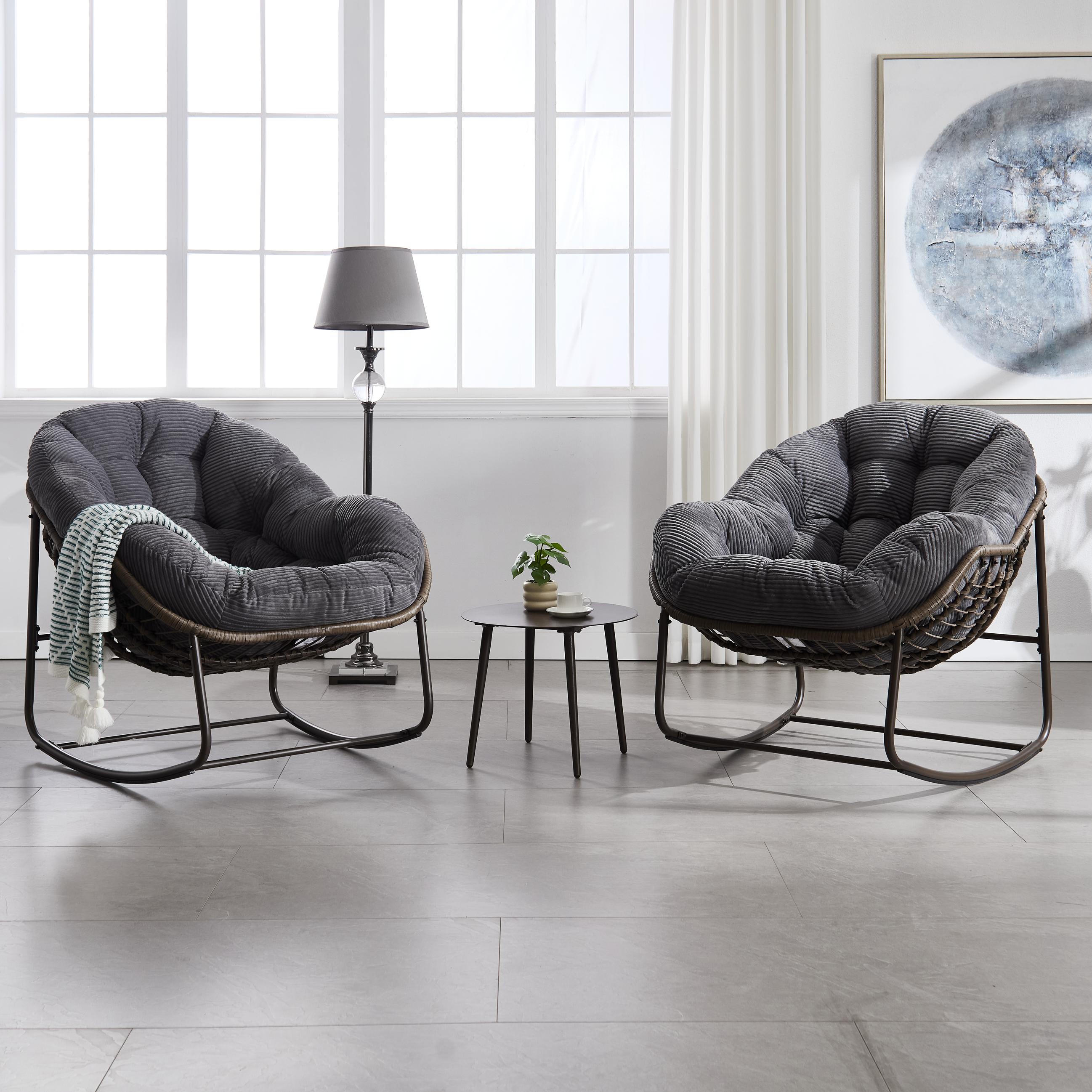 Oversized Outdoor Rattan Rocking Chair with Padded Cushion, Steel Frame, Ergonomic Hand-Woven Recliner, 44" L x 37" W x 31.5" H, Gray