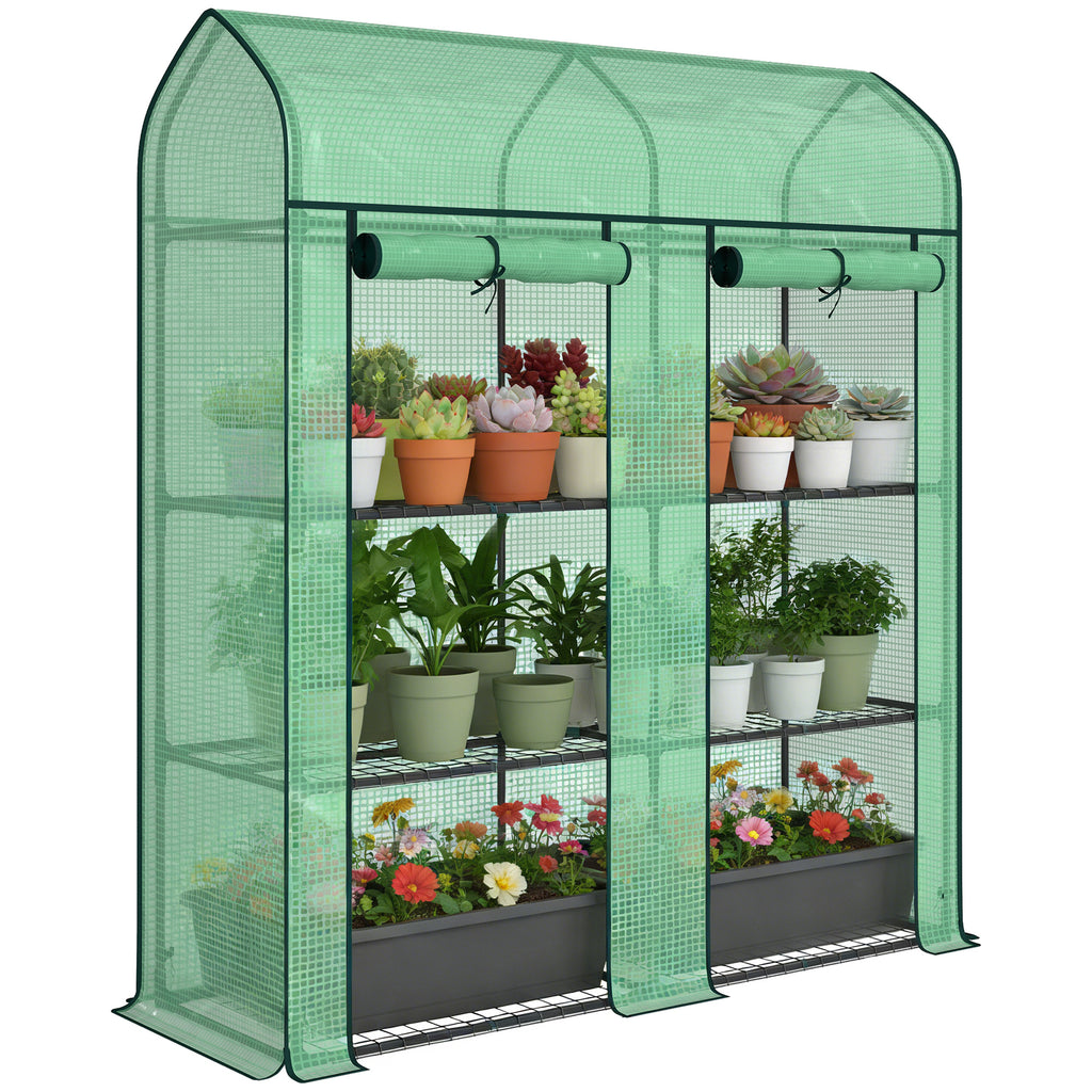 3 Tier Mini Greenhouse, Small Portable Greenhouse with 2 Roll-up Doors, 56.3" x 18.1" x 65", Green