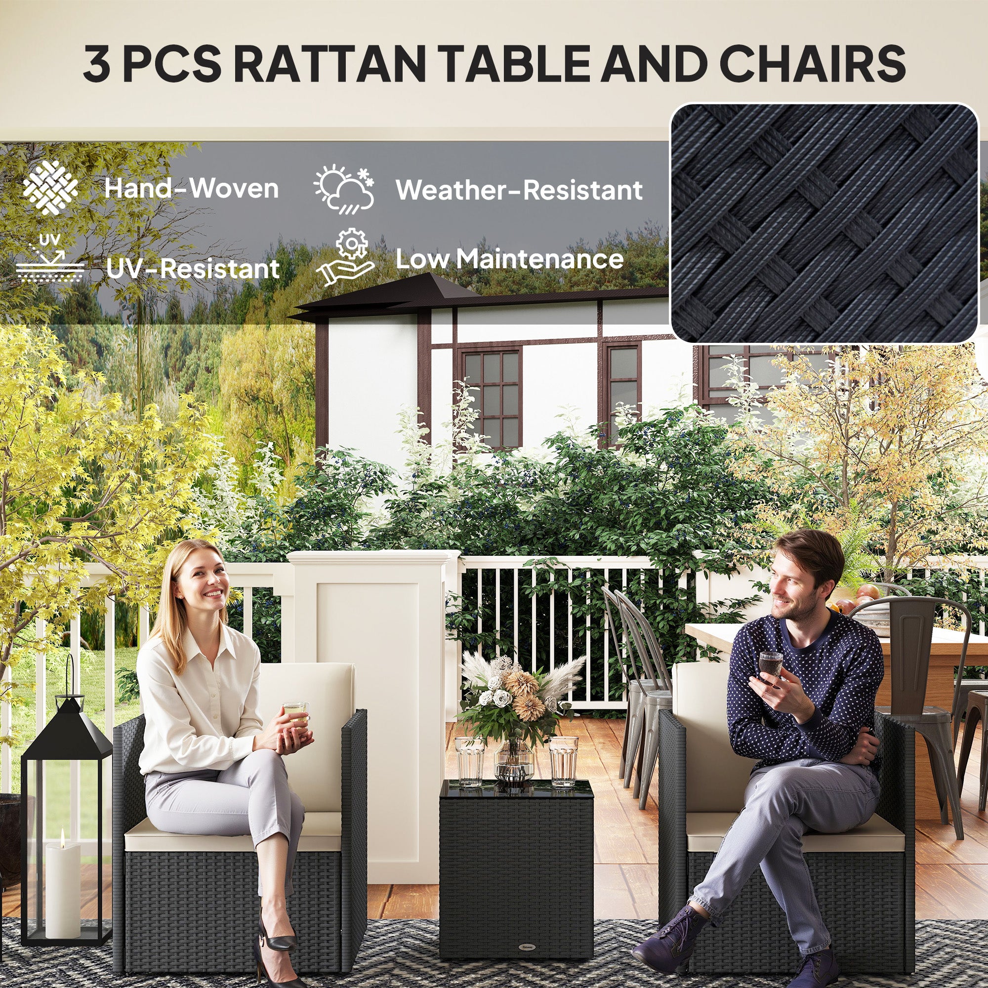 Folding Wicker Bistro Set, 3 Piece Patio Furniture Set with Cushions and Glass Coffee Table for Porch, Balcony, Black