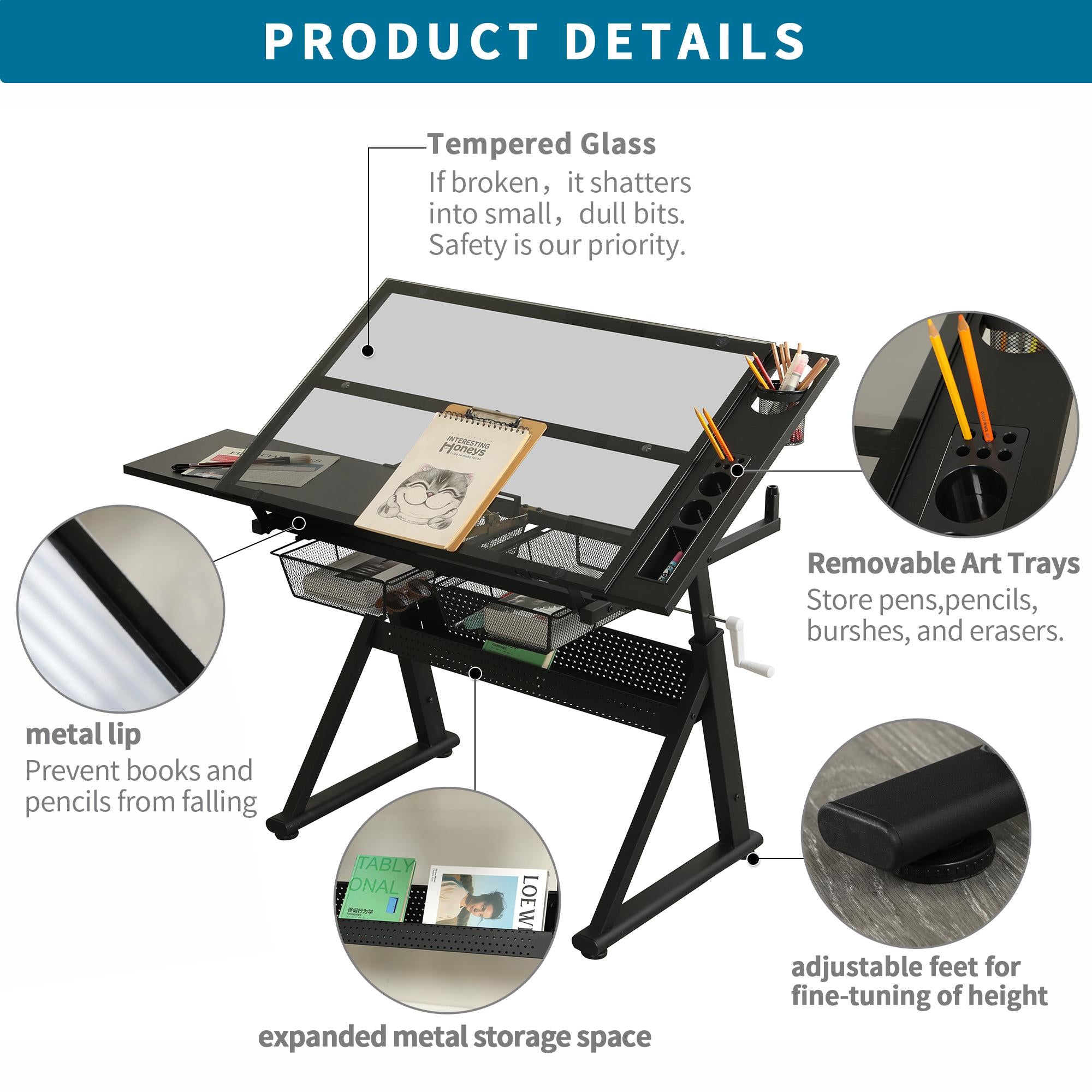 Hand-Crank Adjustable Drafting Table with 2 Large Metal Drawers, Drawing Desk with Tempered Glass Top, 40" L x 23.5" W x 29.5" H, Black
