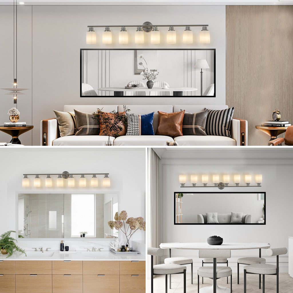 52" 8-Light Vanity Wall Sconce with Frosted Glass Shades, Brushed Nickel Finish, Ideal for Bathroom, Hallway, 52" L x 6.5" W x 10" H, Silver