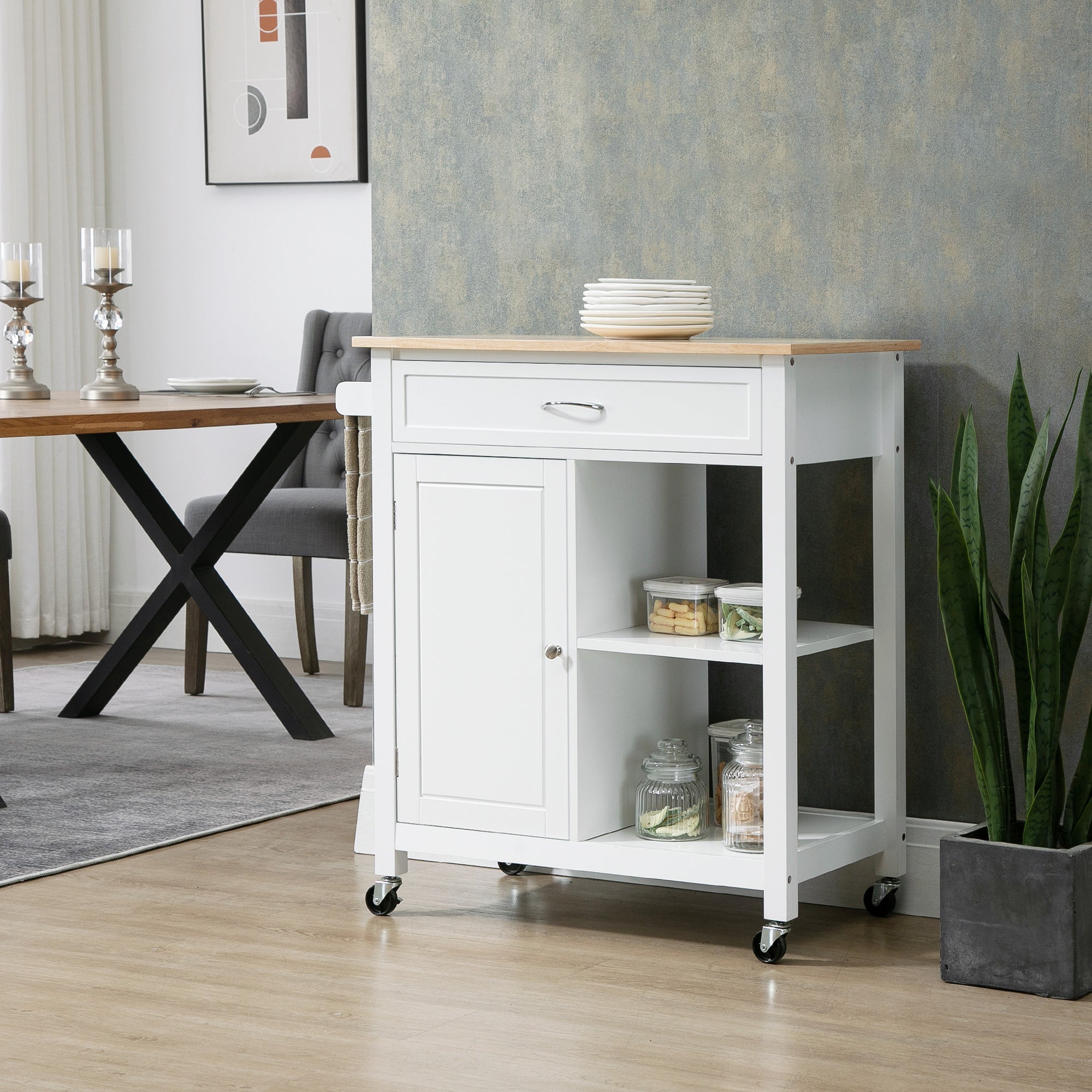 Kitchen Island Cart, Rolling Kitchen Island with Storage Shelf, Solid Wood Top, Drawer, for Dining Room, White
