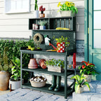 Outdoor Potting Bench with 4 Shelf & Side Hook for Patio, Farmhouse Garden Workstation with Large Tabletop, 47'' L x 19.5'' W x 65'' H, Green