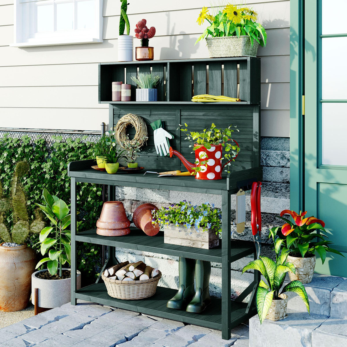 Outdoor Potting Bench with 4 Shelf & Side Hook for Patio, Farmhouse Garden Workstation with Large Tabletop, 47'' L x 19.5'' W x 65'' H, Green