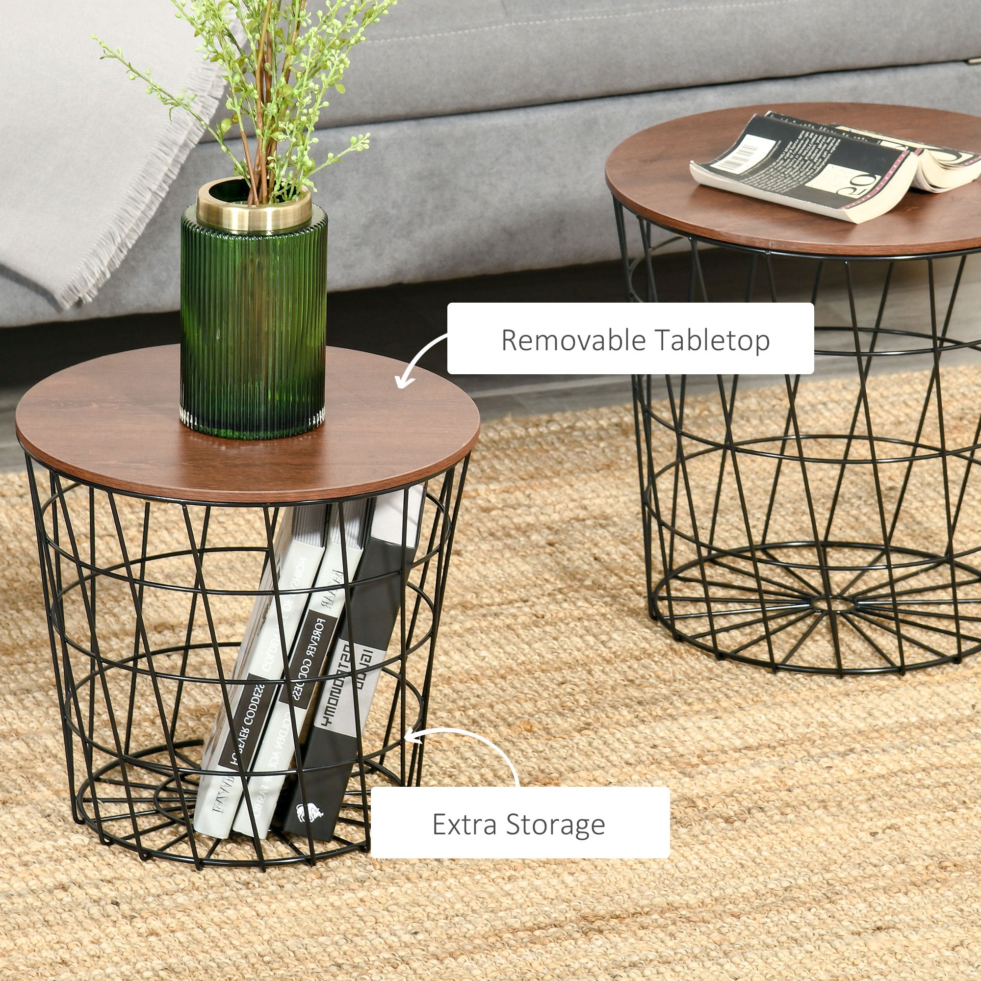 End Tables Set of 2, Nesting Tables with Storage, Round Accent Side Tables with Removable Top for Living Room, Black/ Brown