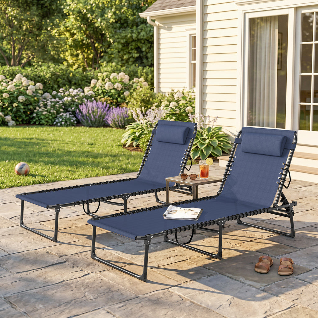 2 Folding Chaise Lounge Pool Chairs with 4-Position Reclining Back, Pillow, Breathable Mesh & Bungee Seat, Dark Blue