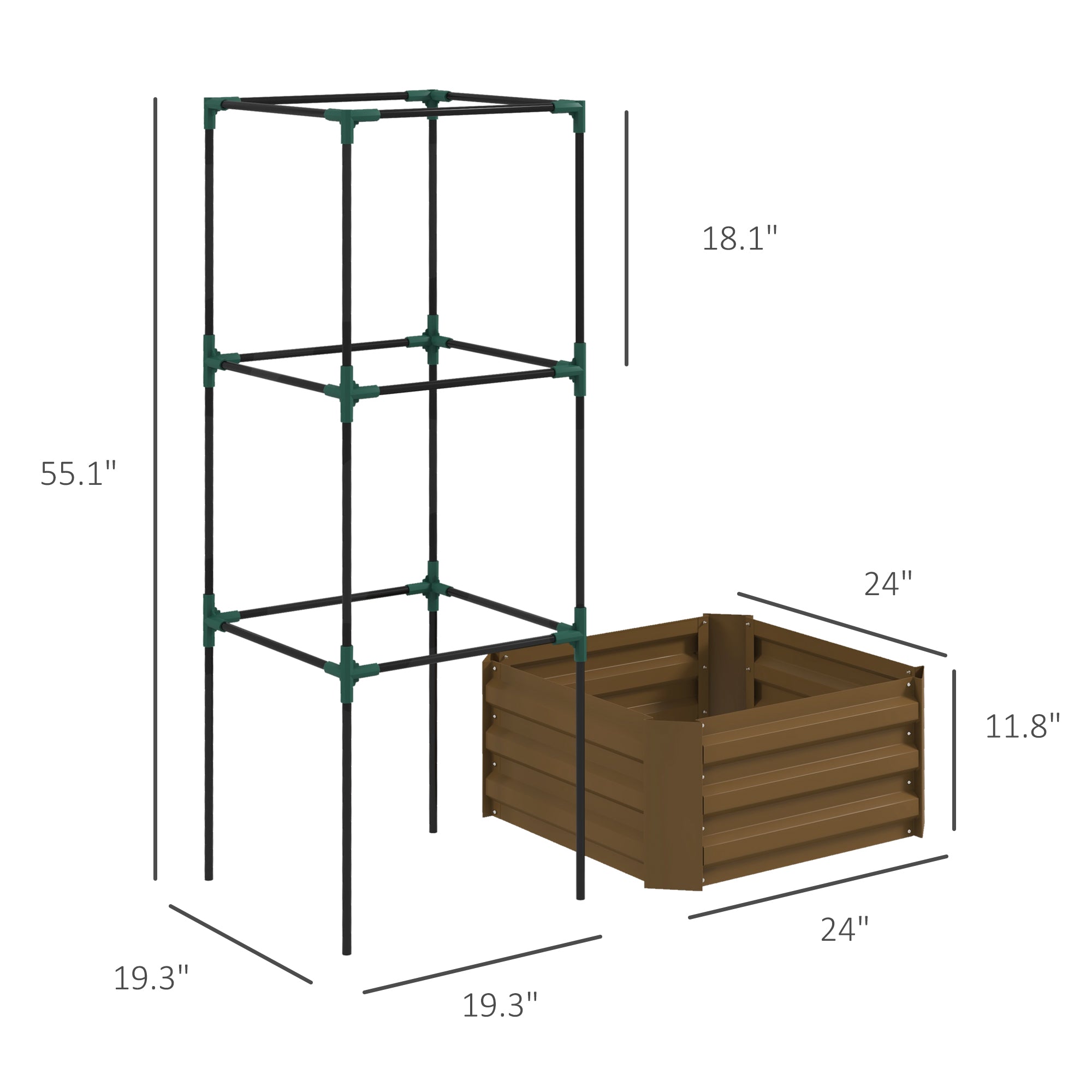 Galvanized Planter Box, 24" x 24" x 55" Raised Garden Bed with Tomato Cage for Climbing Vines, Brown
