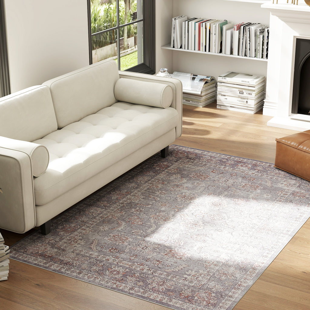 Machine Washable Area Rug 4x6, Non-Slip Traditional Flower Print Floor Carpet for Living Room, Bedroom, Grey and Brown