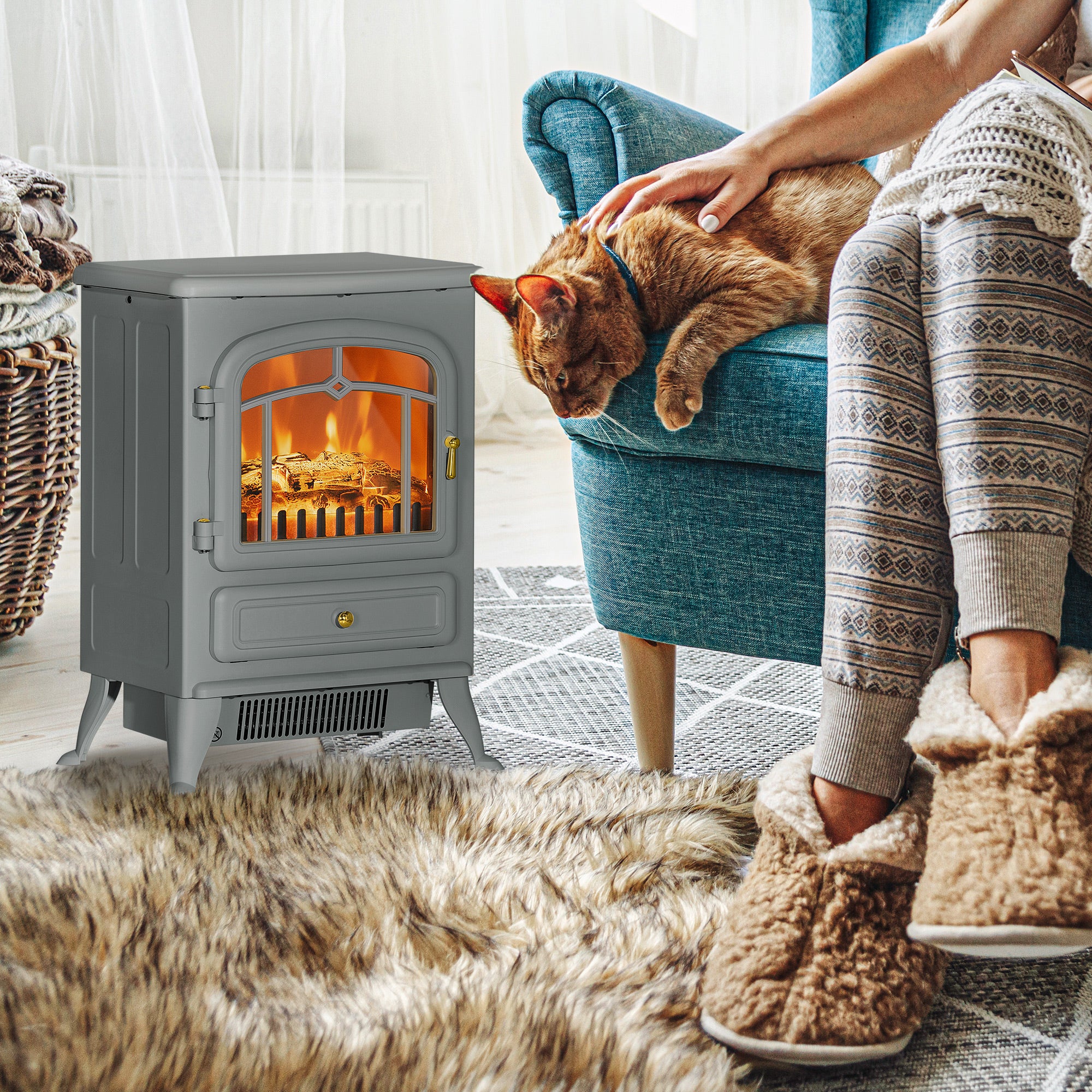 Fireplace Stove, Electric Fireplace Heater with Realistic LED Flames and Logs, 725W/1450W, Gray