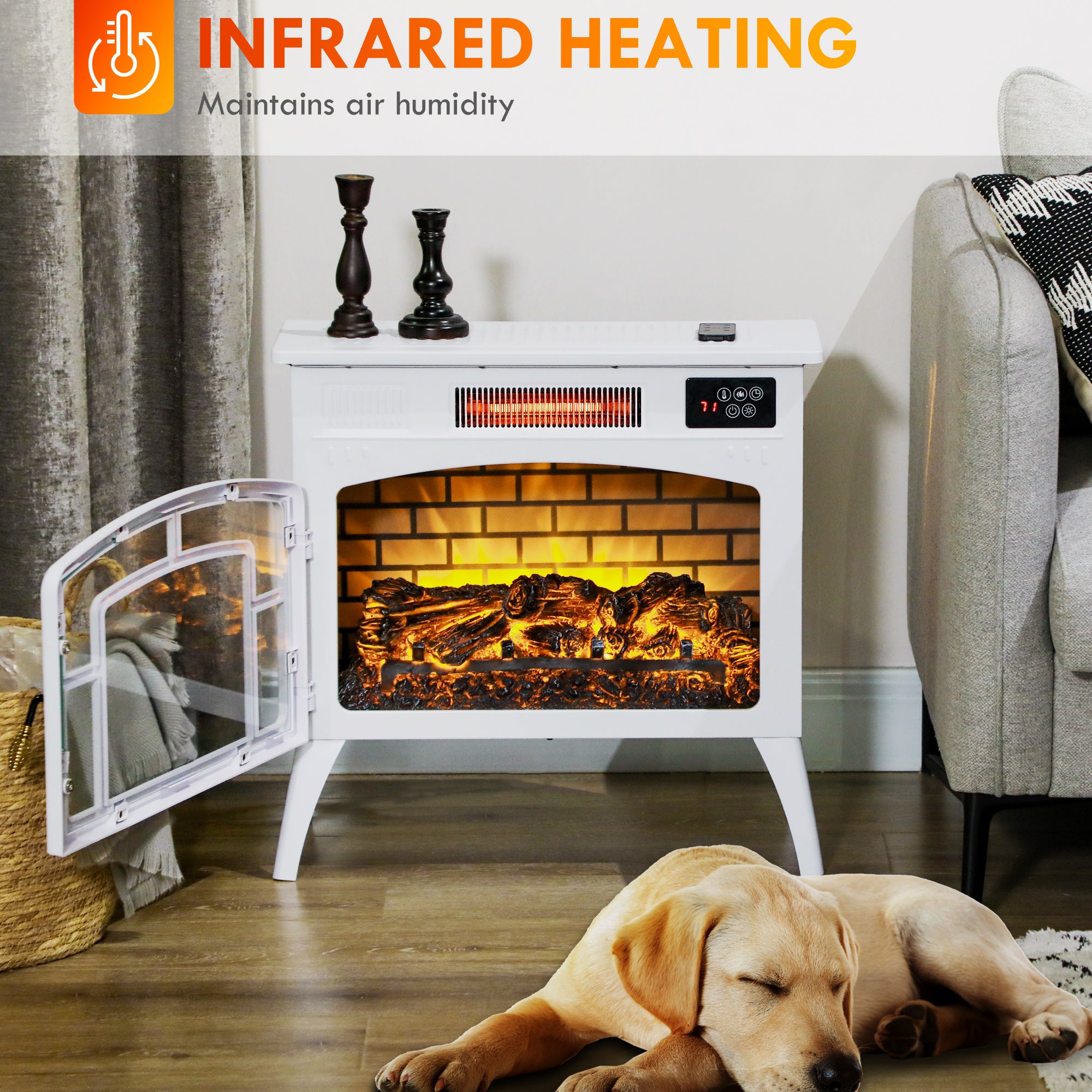 Electric Fireplace Stove, Infrared Fireplace Heater with Realistic Flame & Adjustable Temperature, 1500W, White